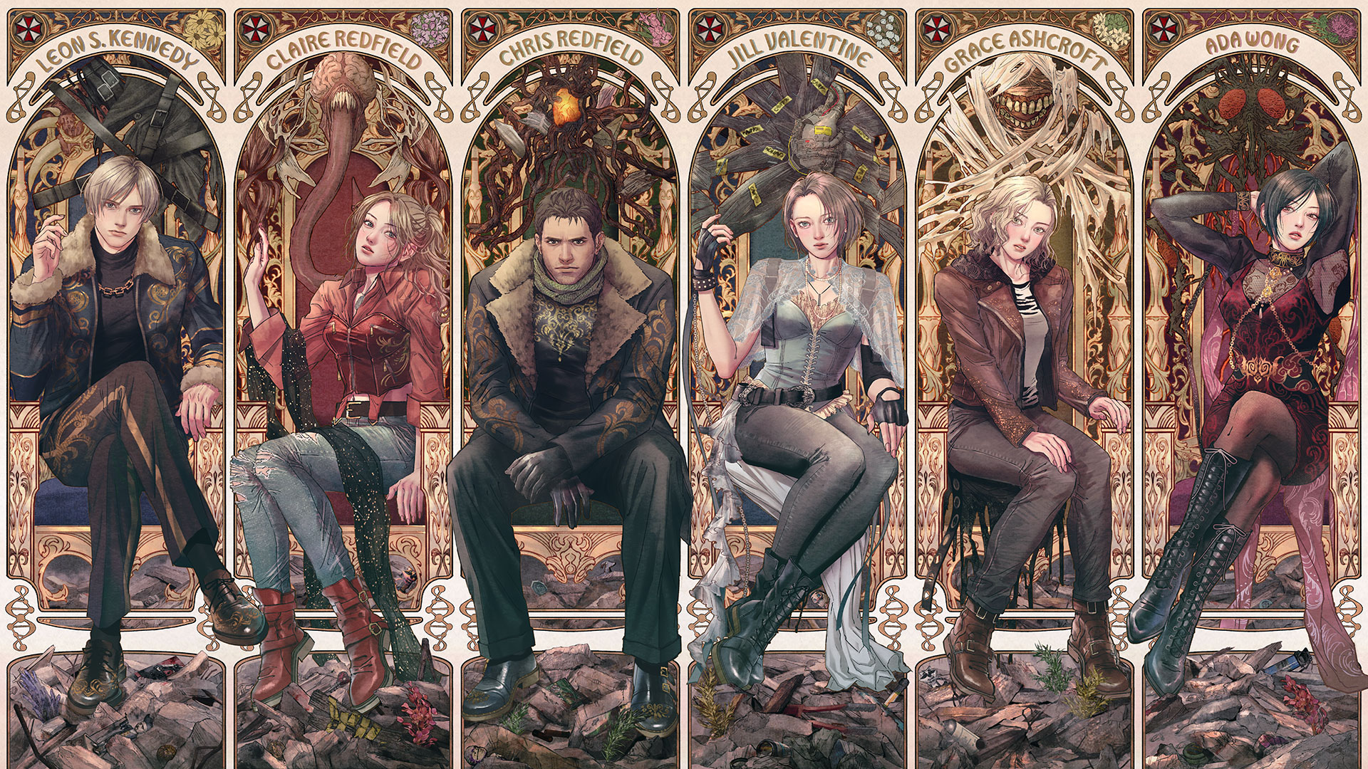 Resident Evil Characters in Art Nouveau Style HD Wallpaper
