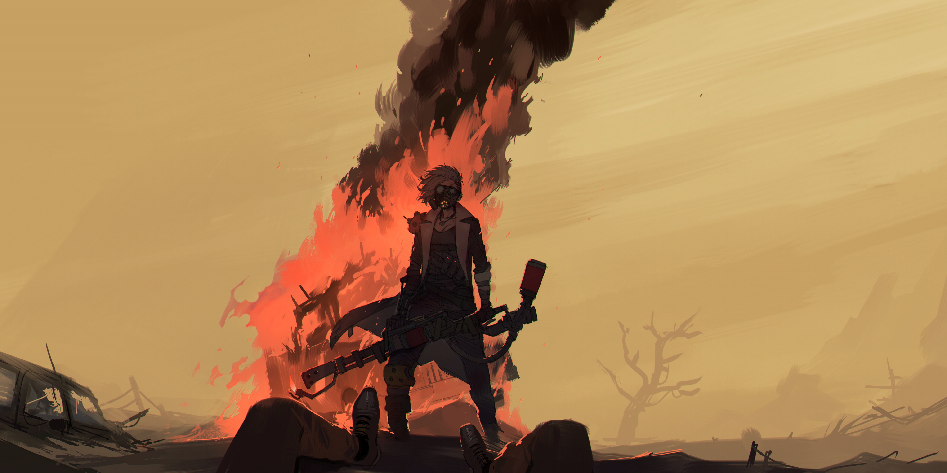 Original character with flamethrower in a fiery wasteland HD Wallpaper