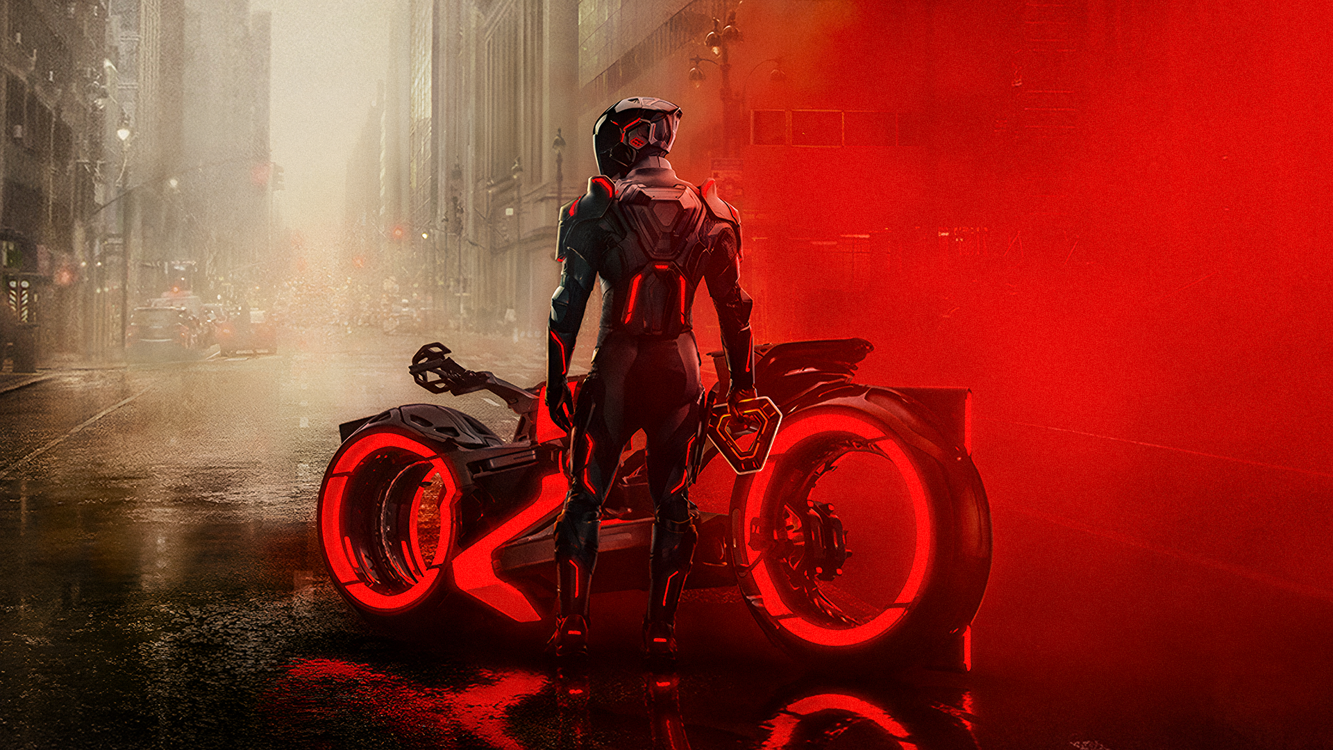Tron Ares Light Cycle Biker in Futuristic City HD Wallpaper