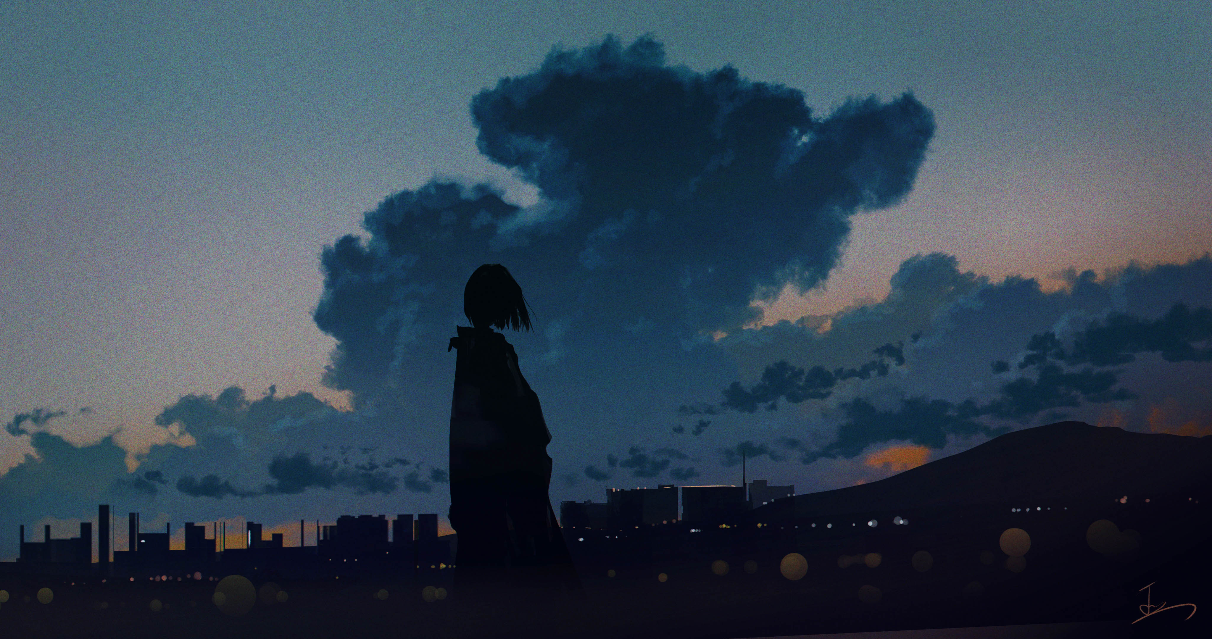 Woman standing at dusk with city and clouds silhouette HD Wallpaper
