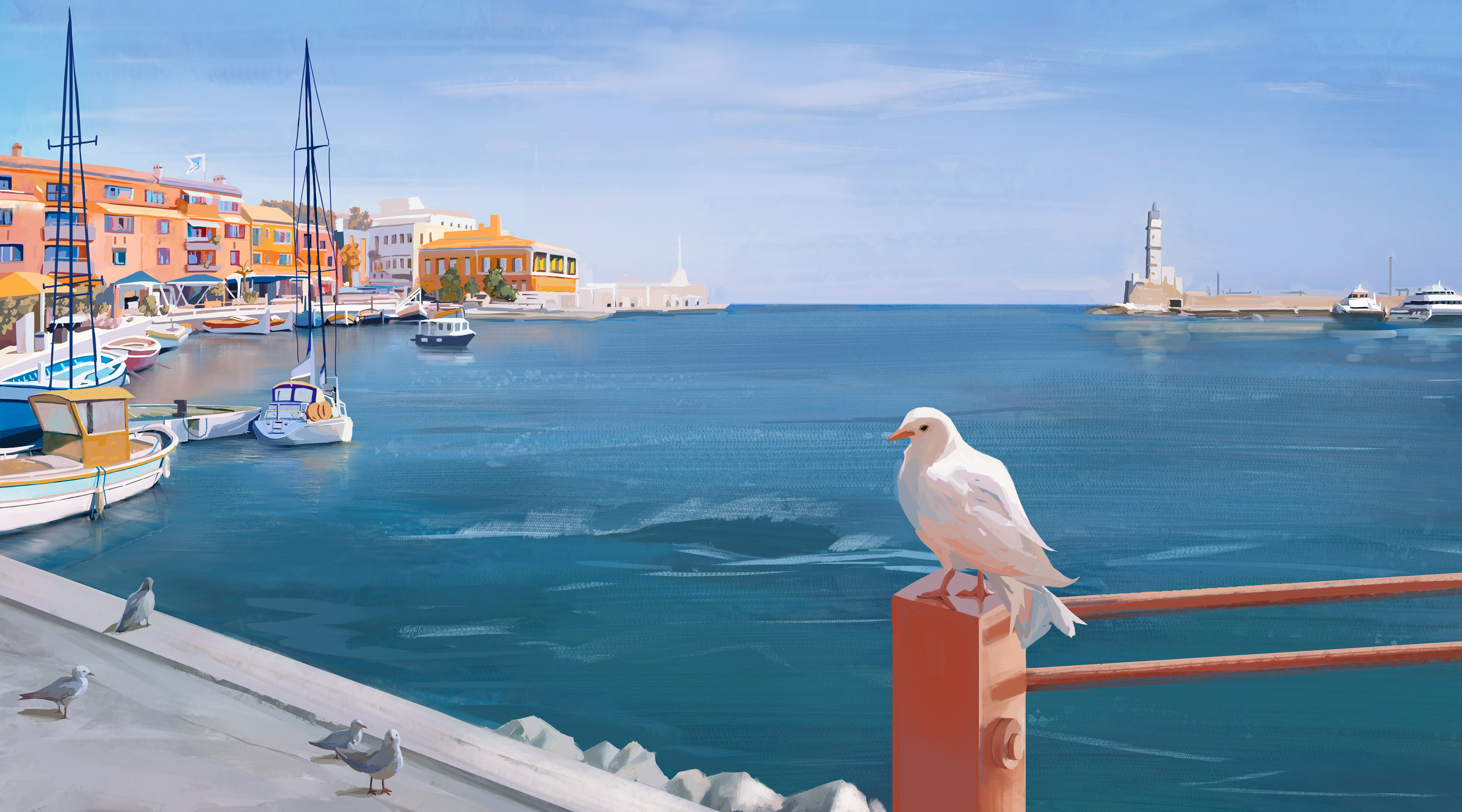 Boats and a white dove in a coastal town HD Wallpaper