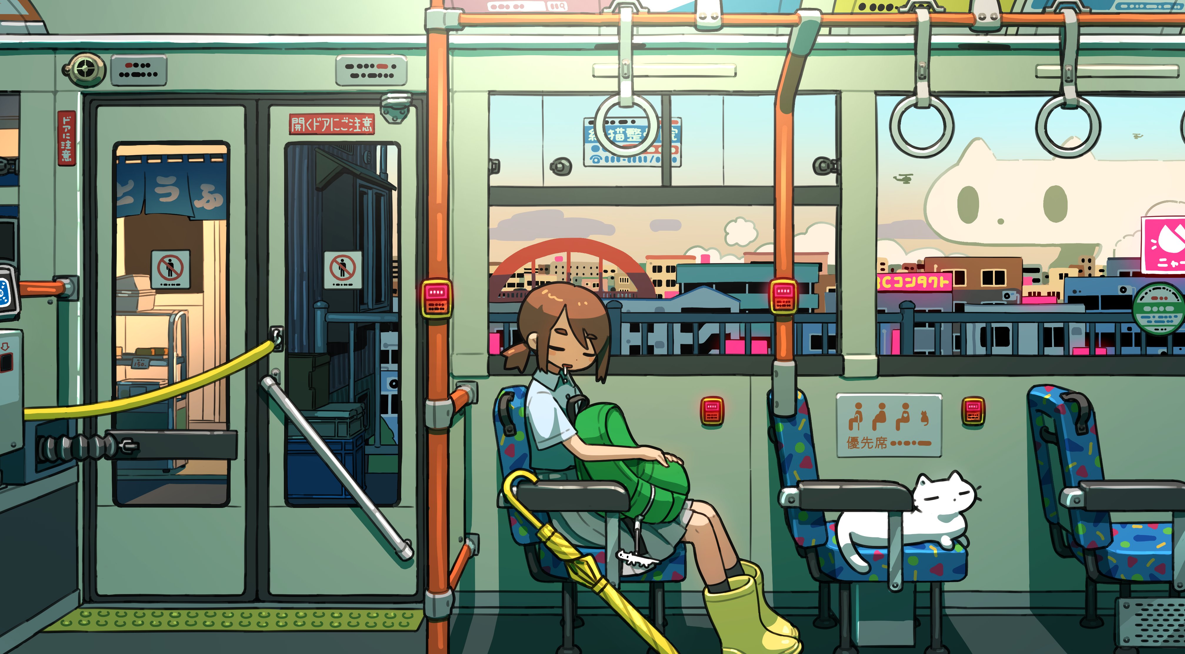 Anime girl sleeping on a train with a cat HD Wallpaper