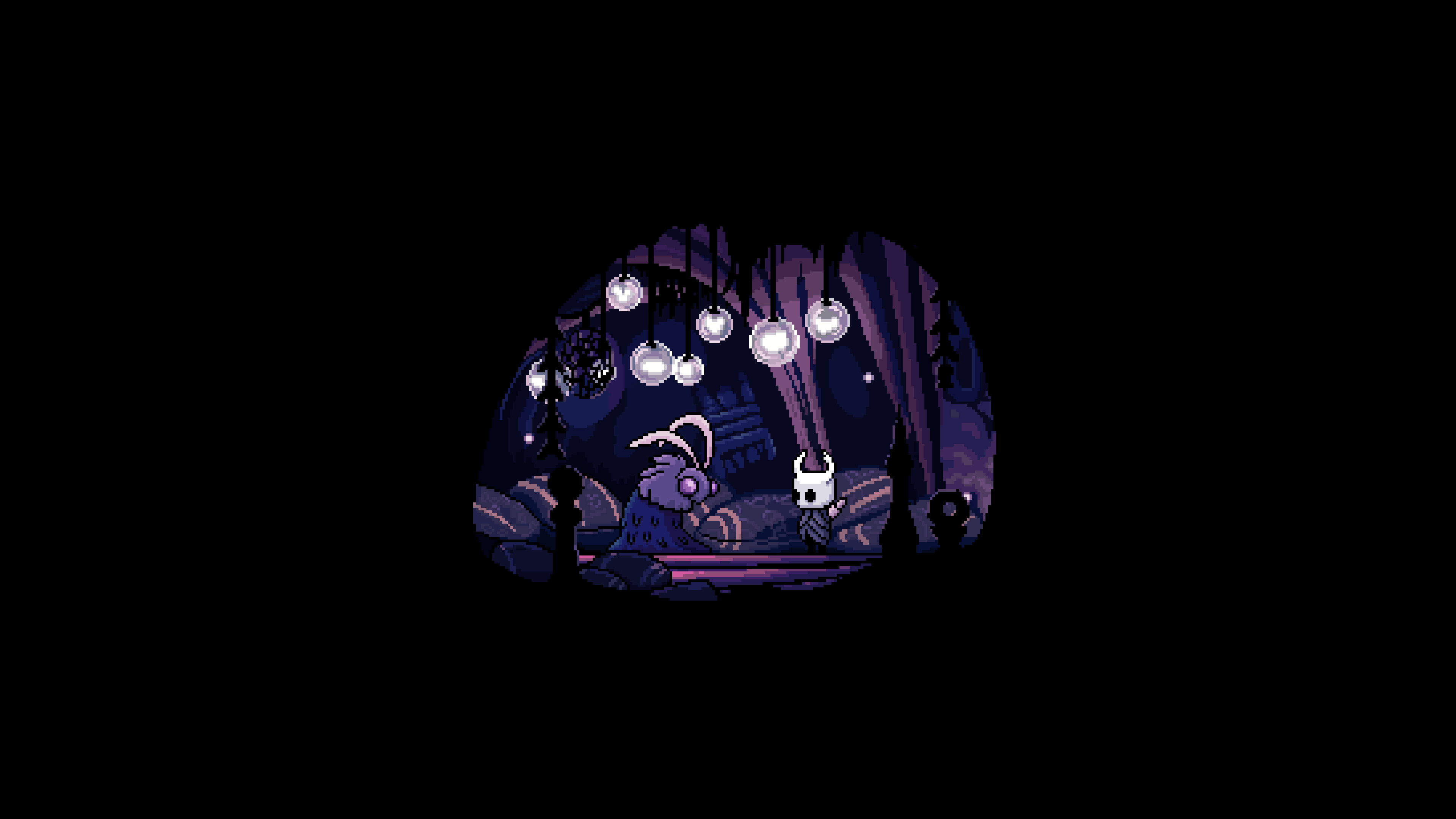 Hollow Knight characters in a dimly lit cave HD Wallpaper