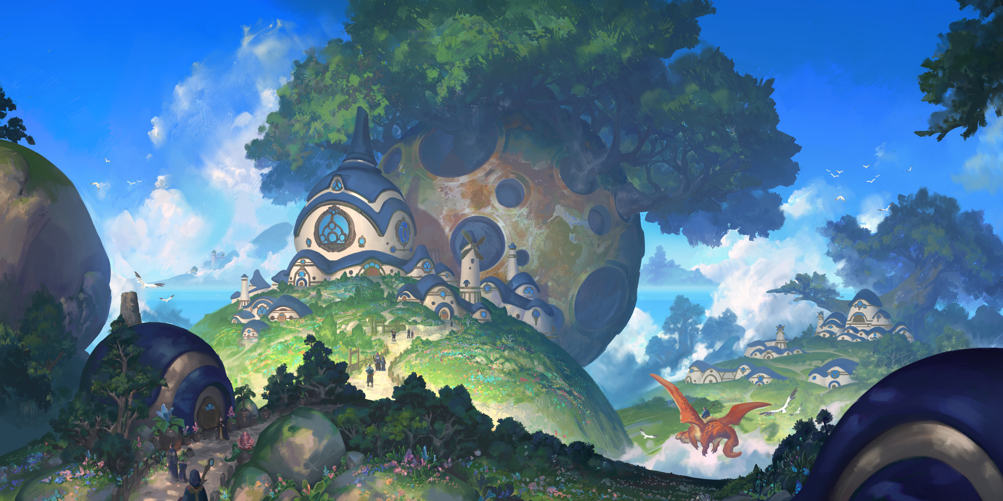 Fantasy village built around a giant tree with a dragon flying HD Wallpaper