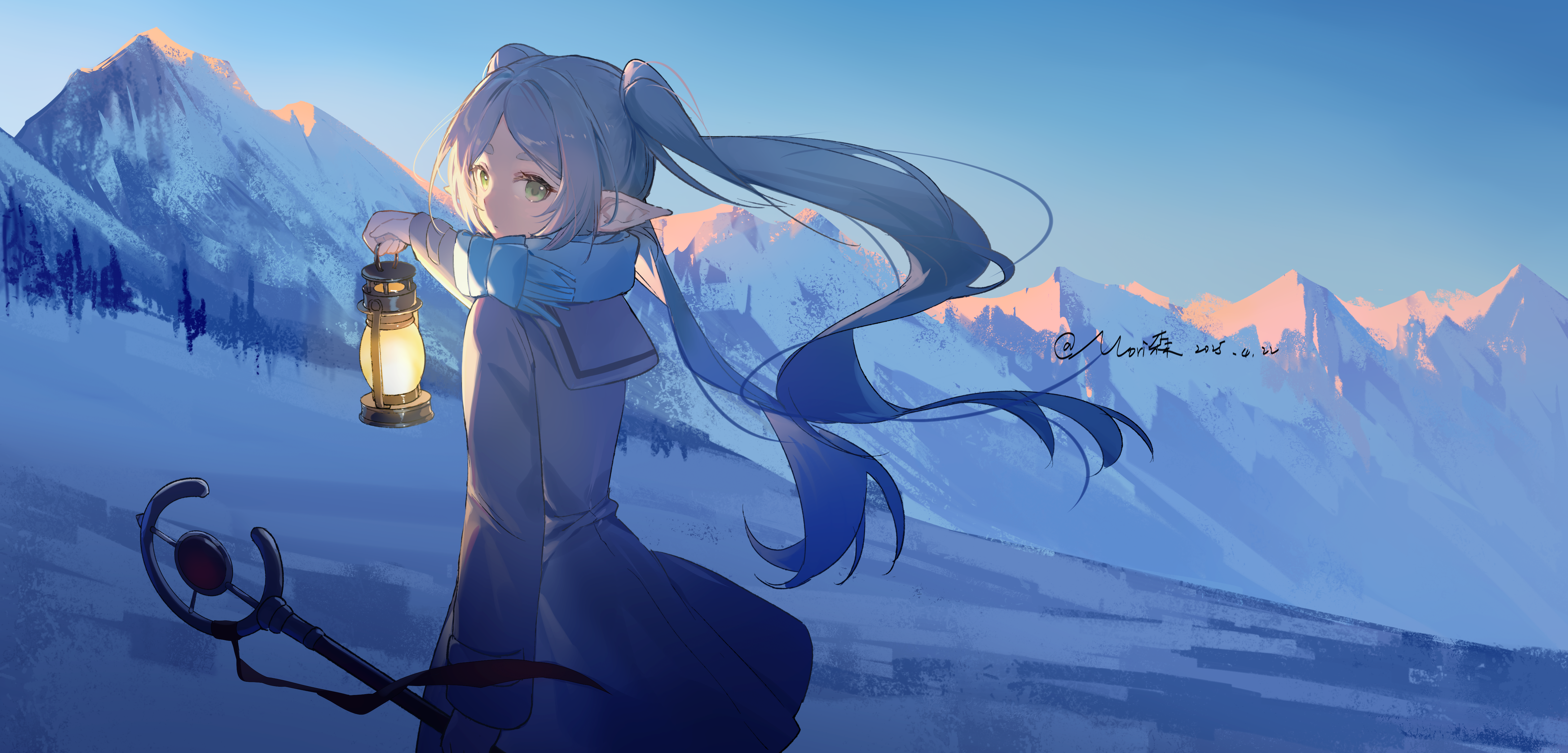 Frieren holding a lantern in a snowy landscape HD Wallpaper