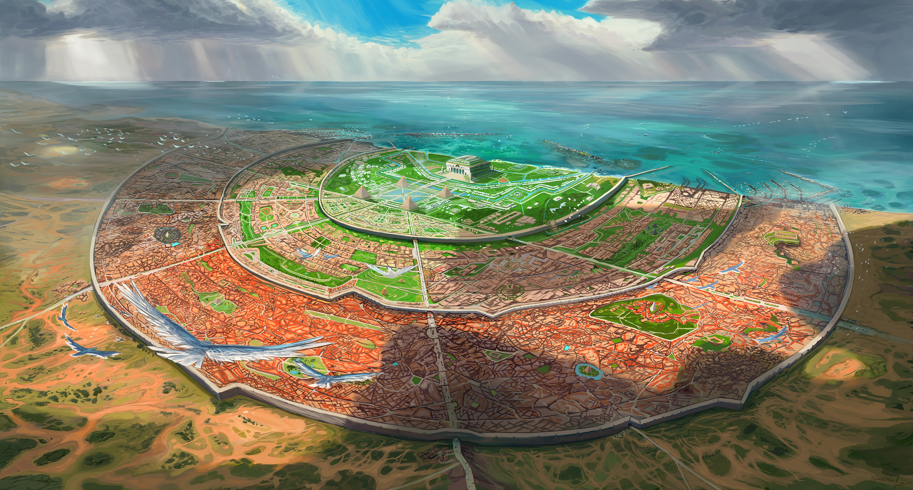 Circular City with Central Temple and Ocean View HD Wallpaper