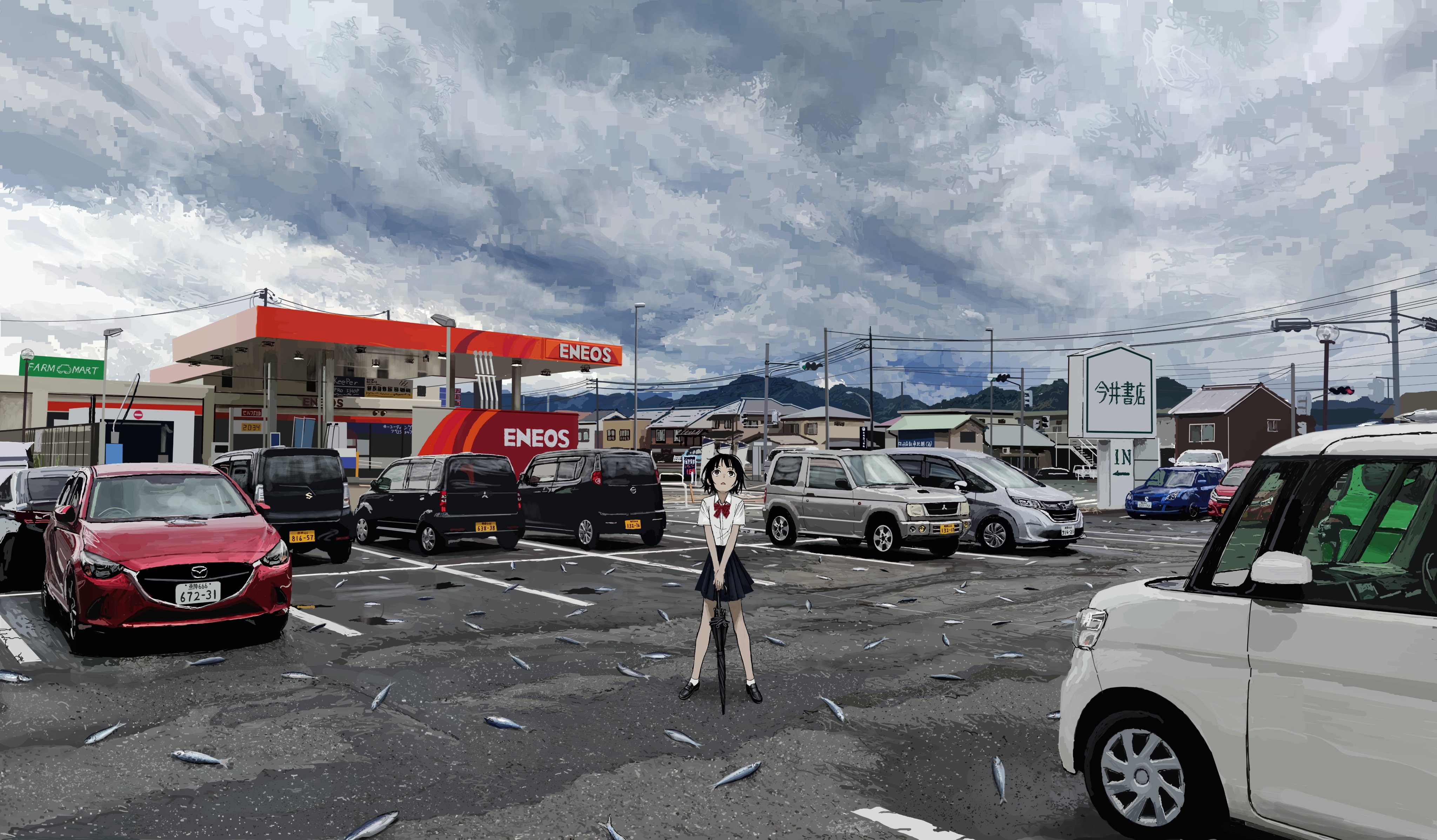 Anime girl in a parking lot with cars and a gas station HD Wallpaper