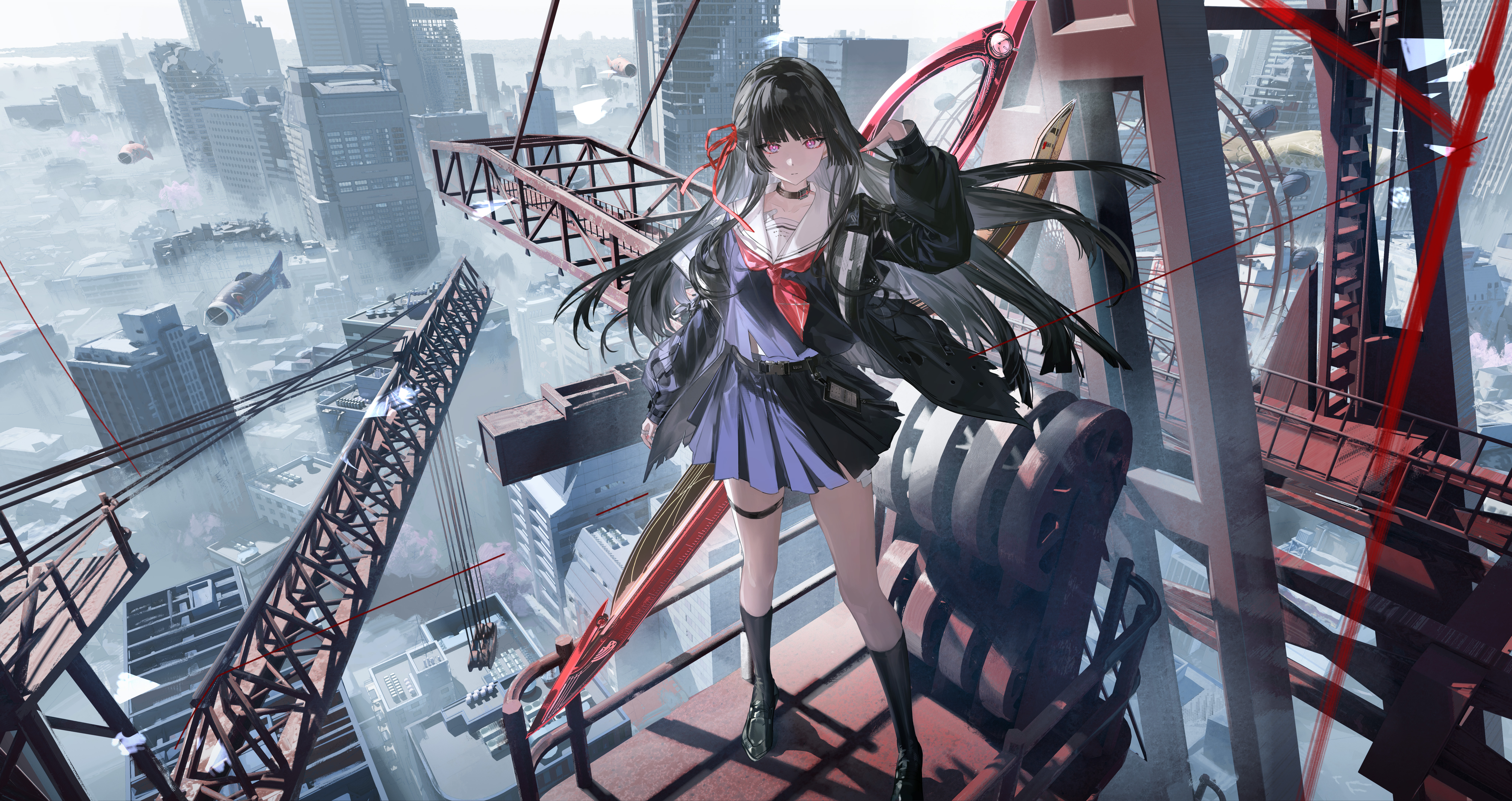 Chisa from Wuthering Waves on a rooftop HD Wallpaper