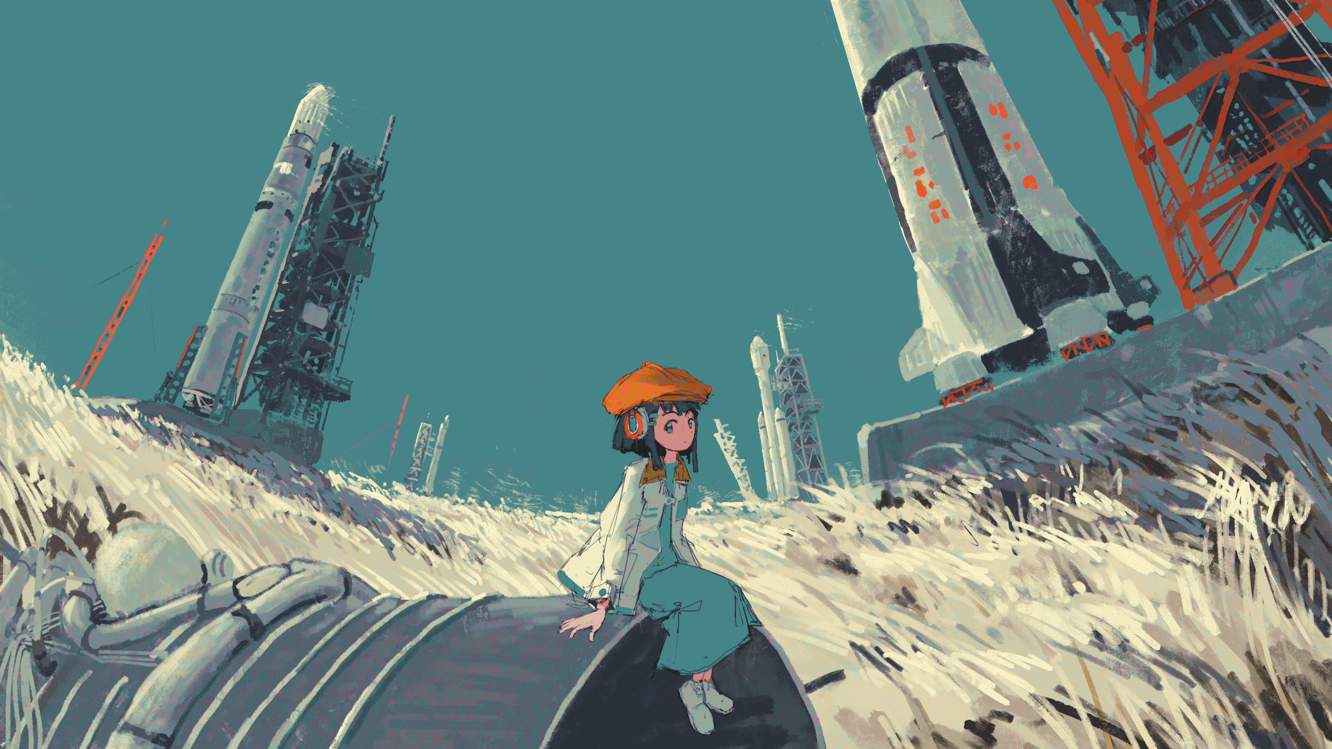 Anime girl and rockets on a lunar landscape HD Wallpaper