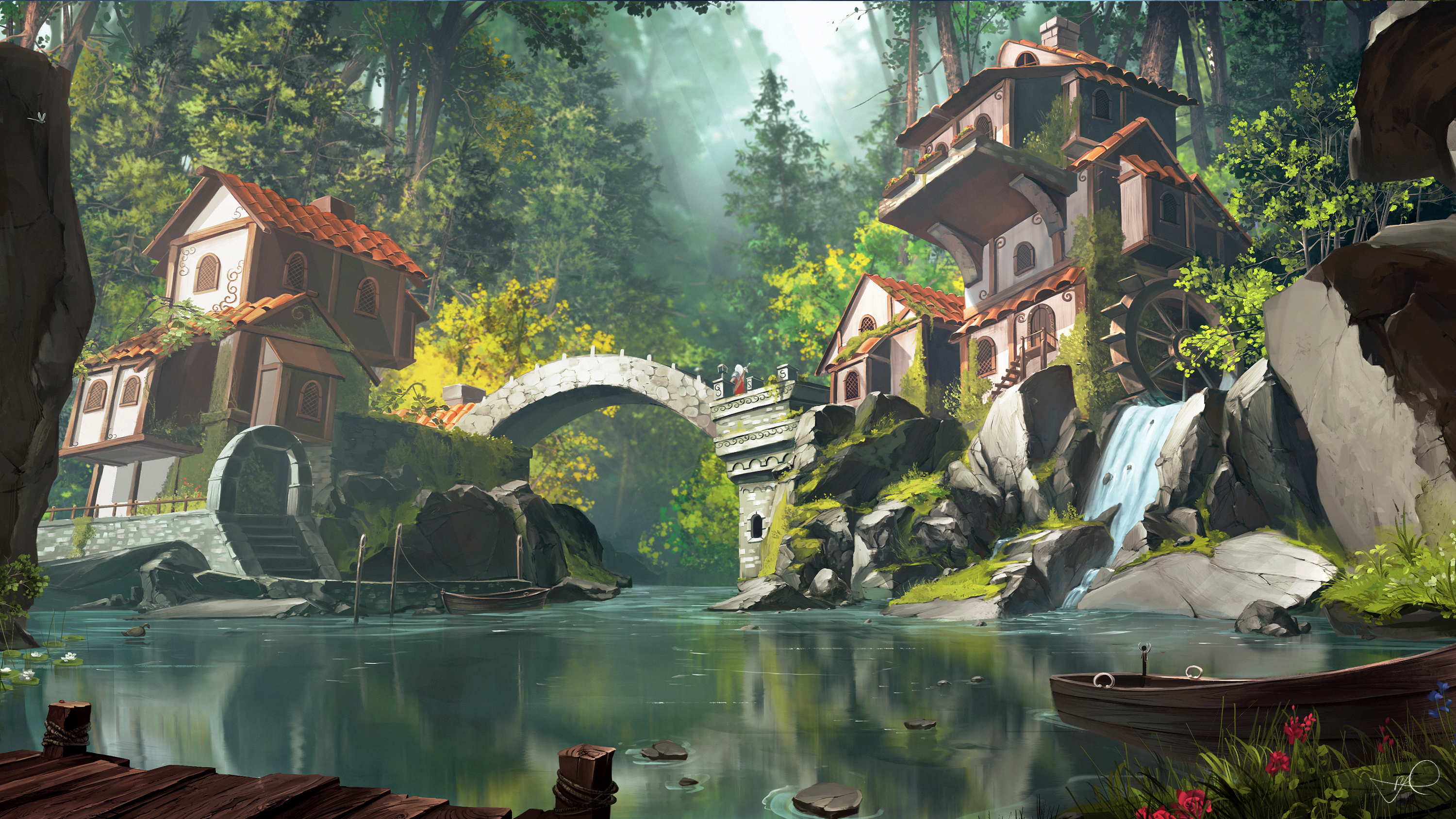 Boat on a river near a village with a bridge HD Wallpaper