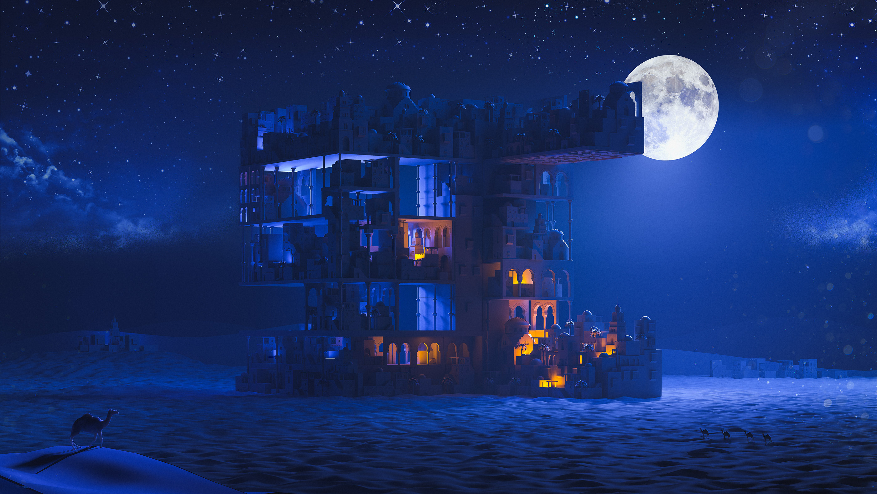 Desert structure under a full moon at night HD Wallpaper