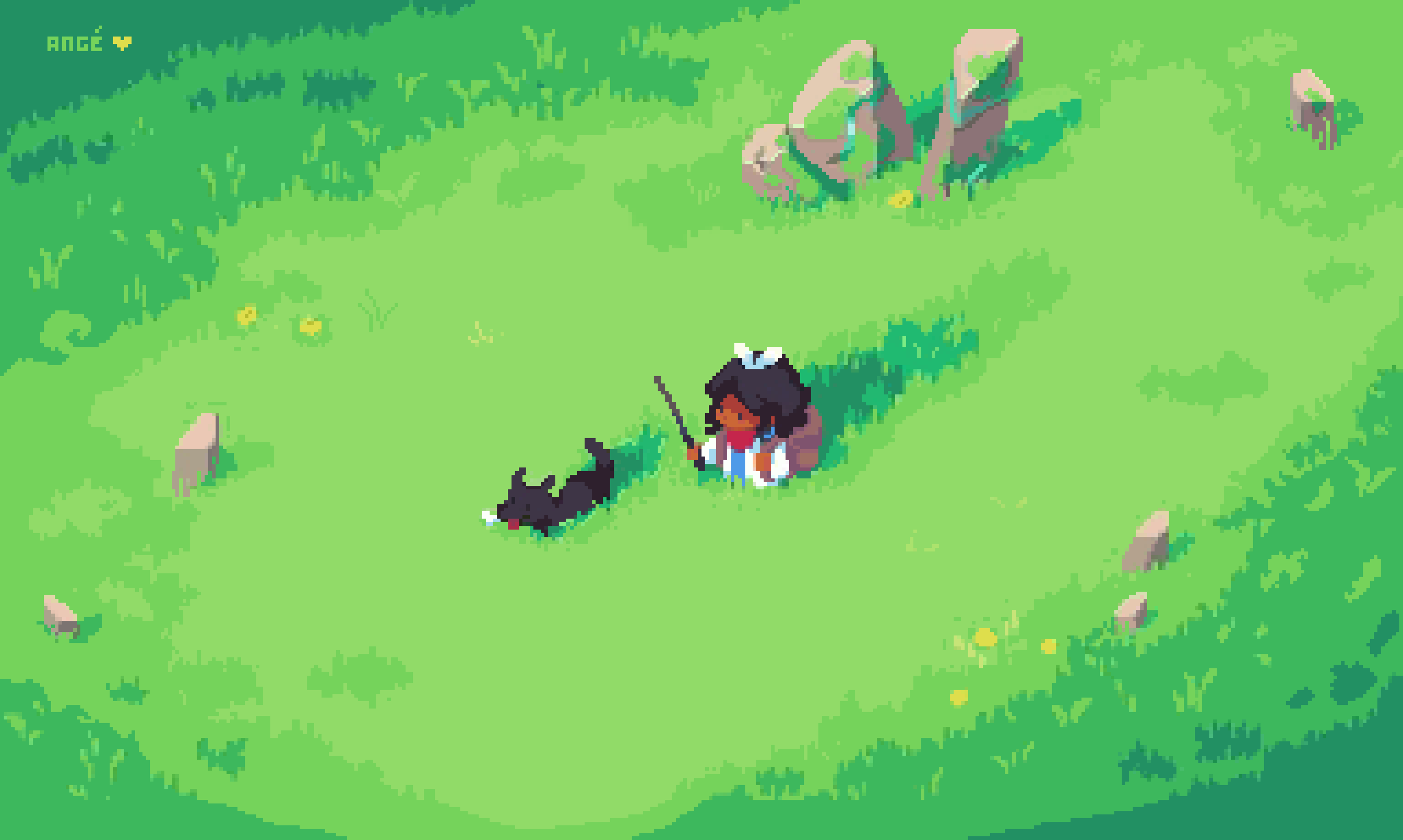 Girl playing with dog in a grassy field with rocks HD Wallpaper