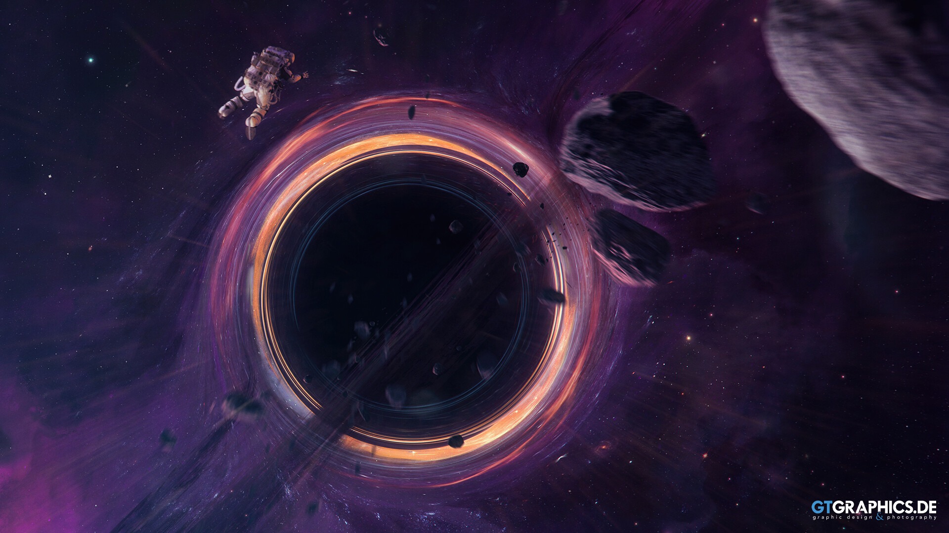 Astronaut near a black hole with asteroids HD Wallpaper