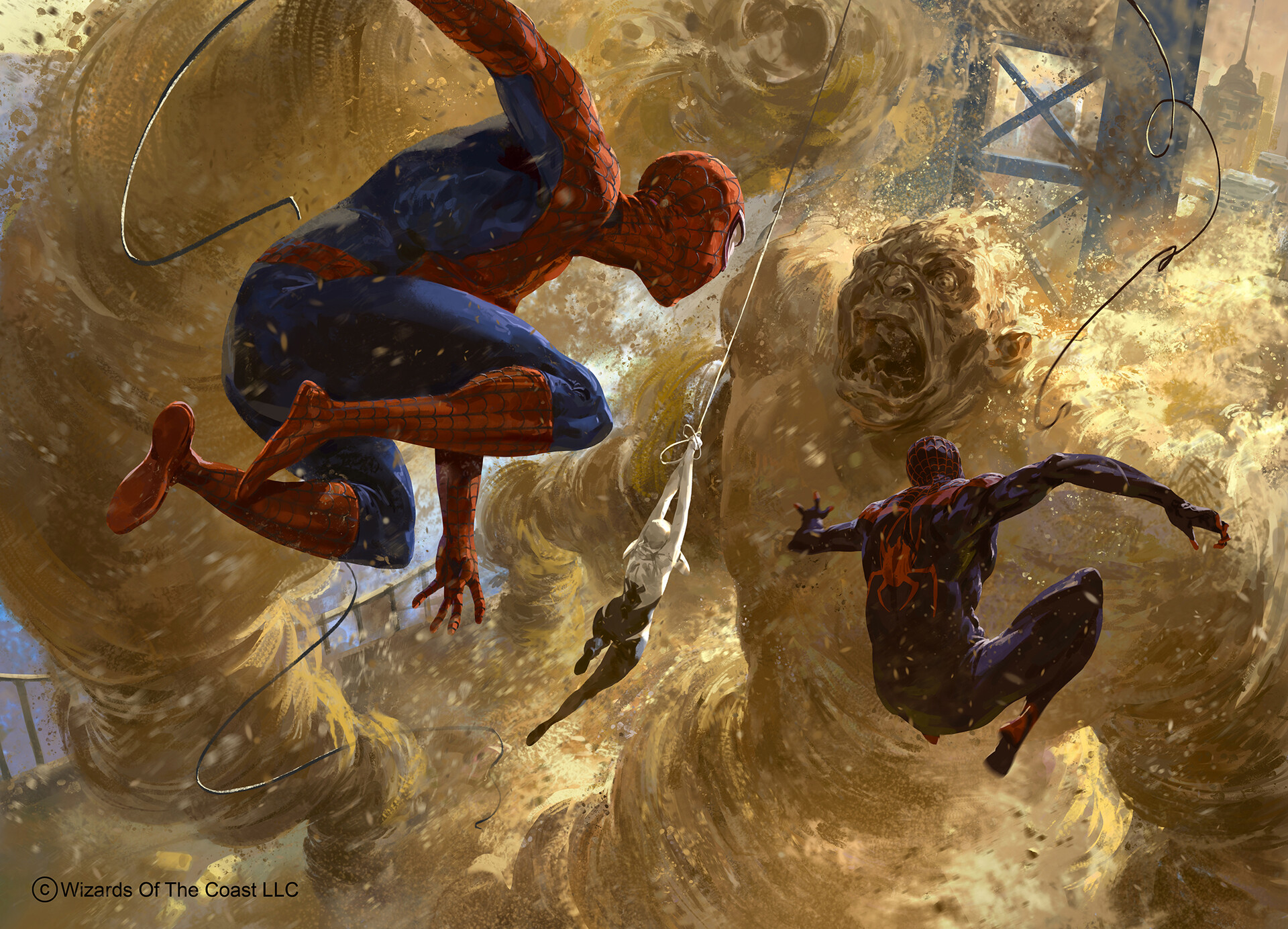 Spider-Man, Gwen Stacy, Miles Morales, and Sandman in battle HD Wallpaper