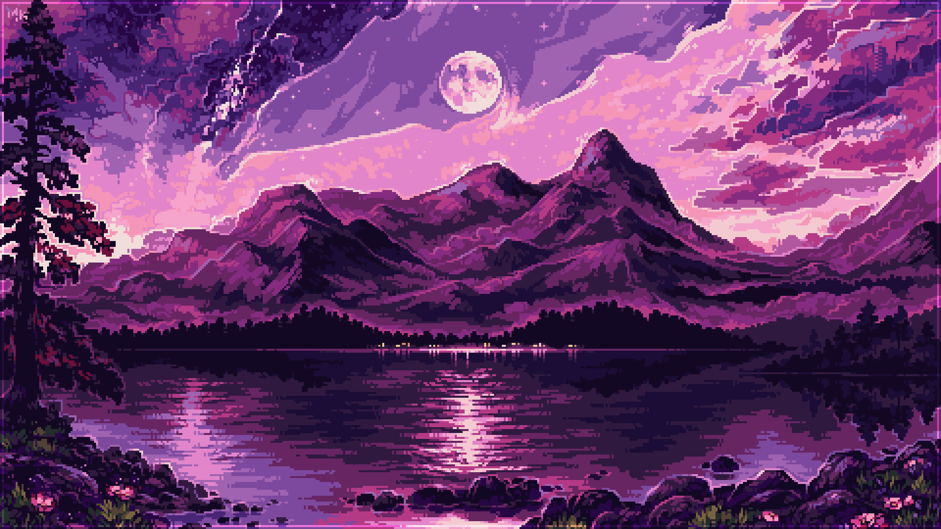 Pixel art landscape with mountains, lake, and moon HD Wallpaper