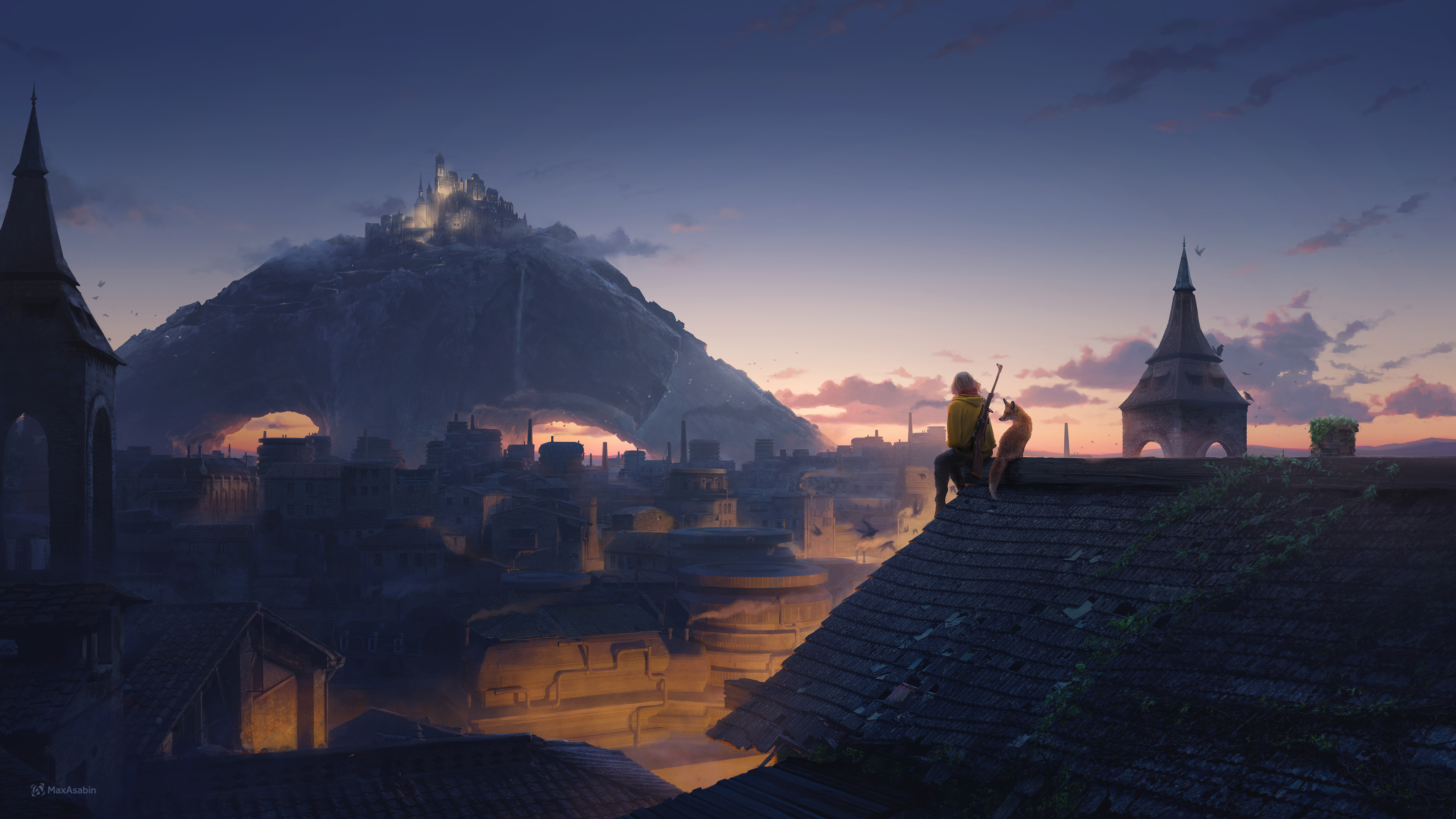 Man and dog on rooftop overlooking city and mountains at dusk HD Wallpaper