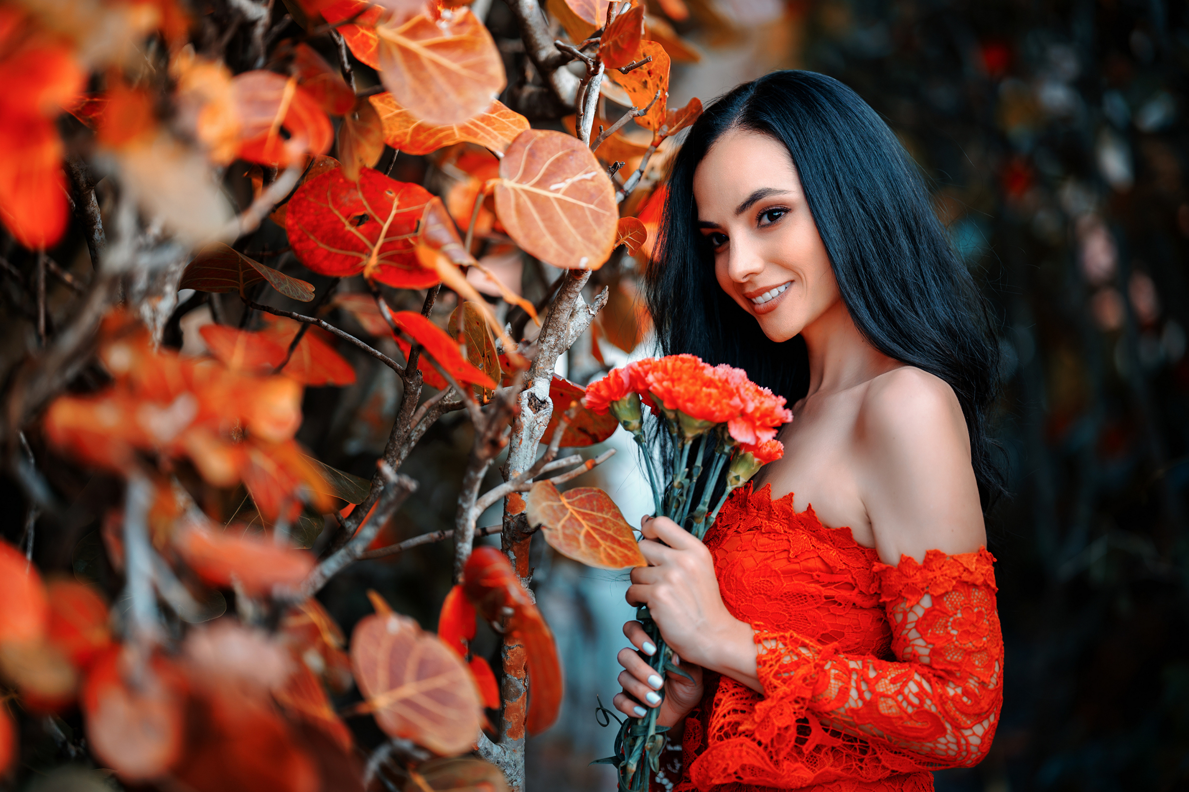 4K Woman with Black Hair and Red Outfit HD Wallpaper
