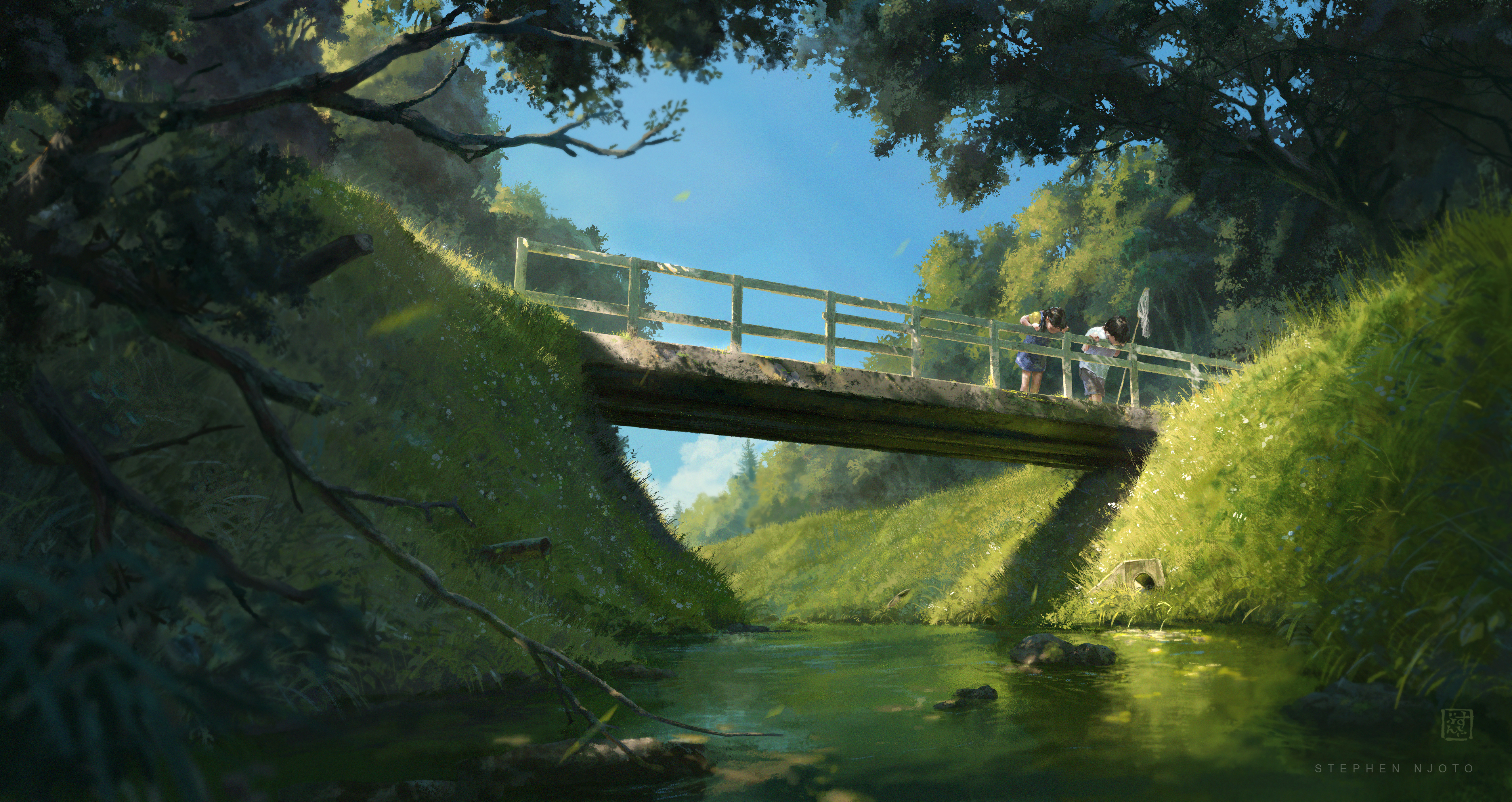 Anime characters on a bridge over a stream in nature HD Wallpaper