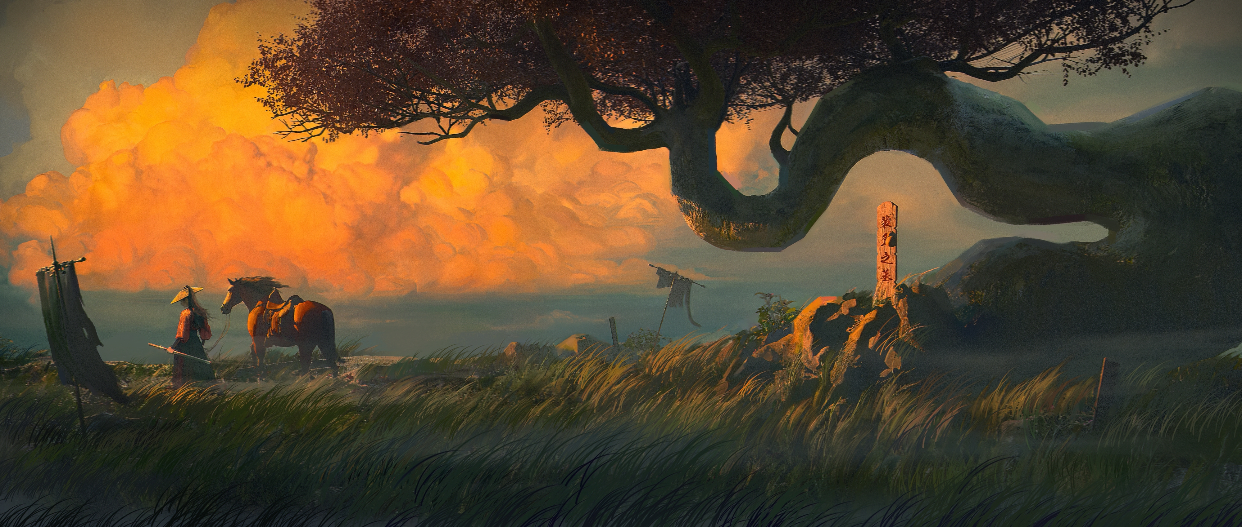 Horse and tree under a sunset sky HD Wallpaper