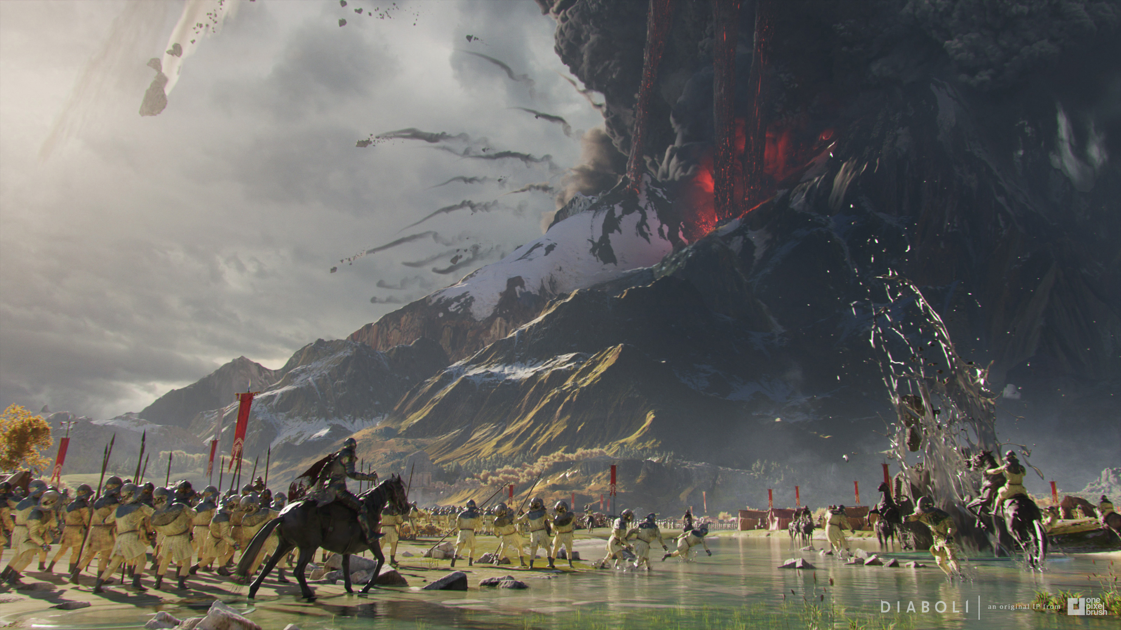 Army with flags near a smoking volcano HD Wallpaper