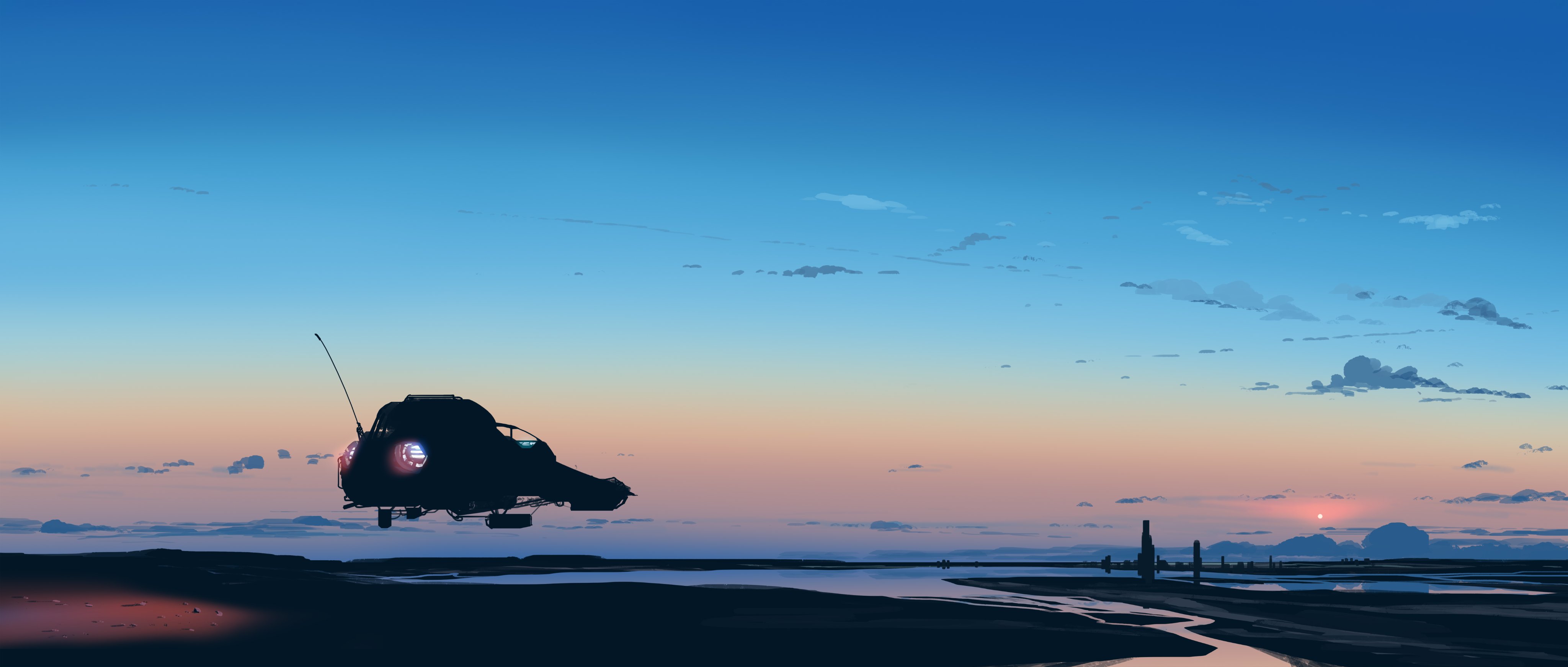 Silhouette of a spaceship flying over a body of water at sunset HD Wallpaper