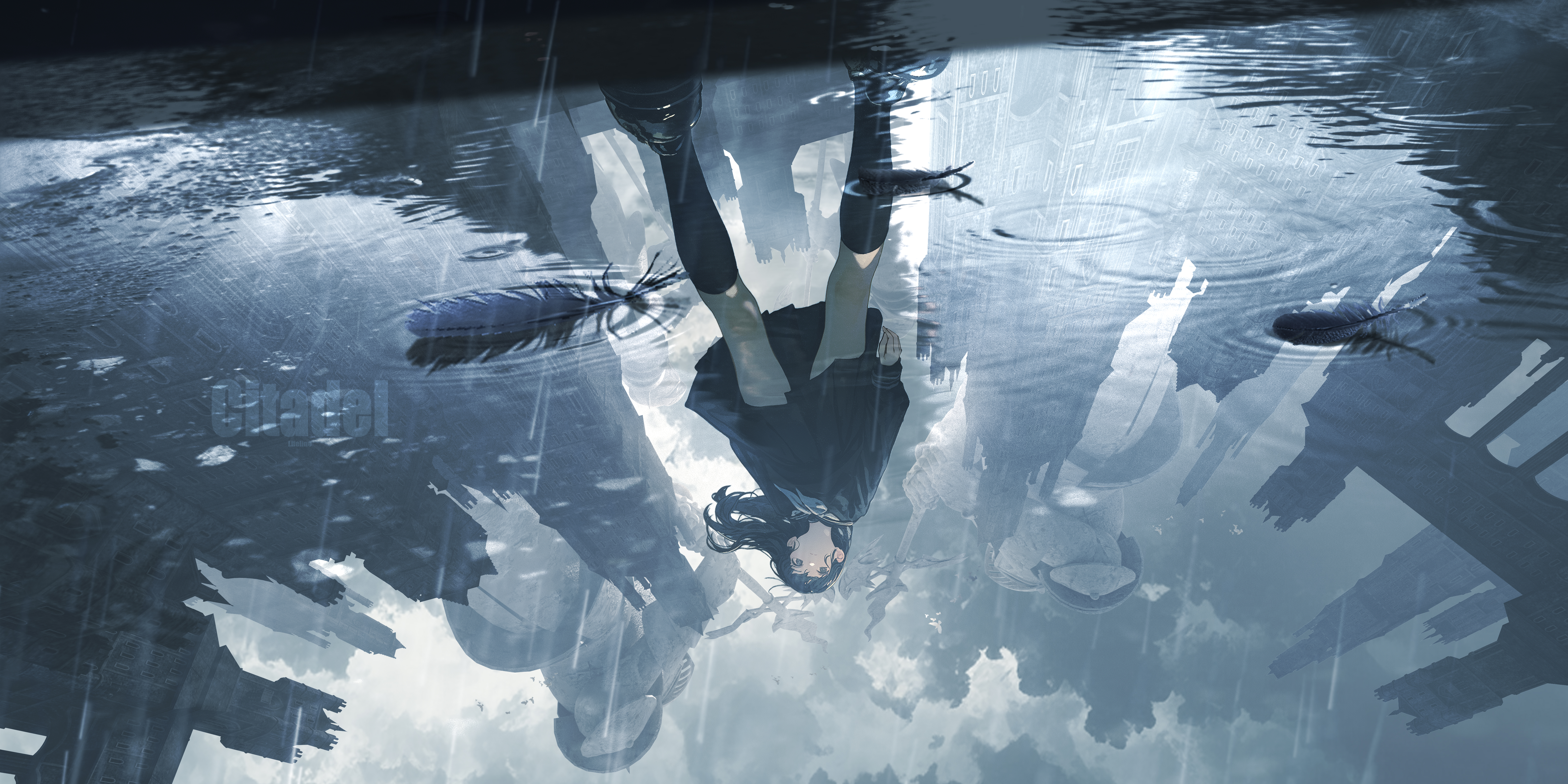 Anime girl reflected in water during rain HD Wallpaper