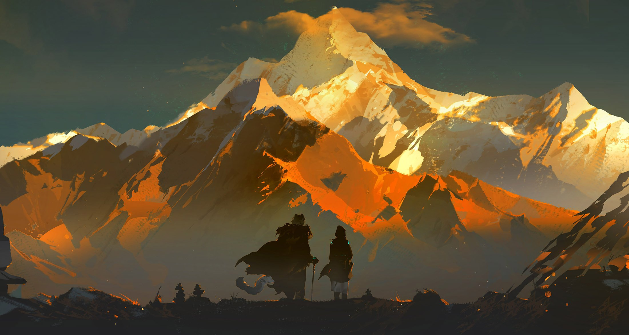 Arknights artwork of two figures before a mountain range HD Wallpaper