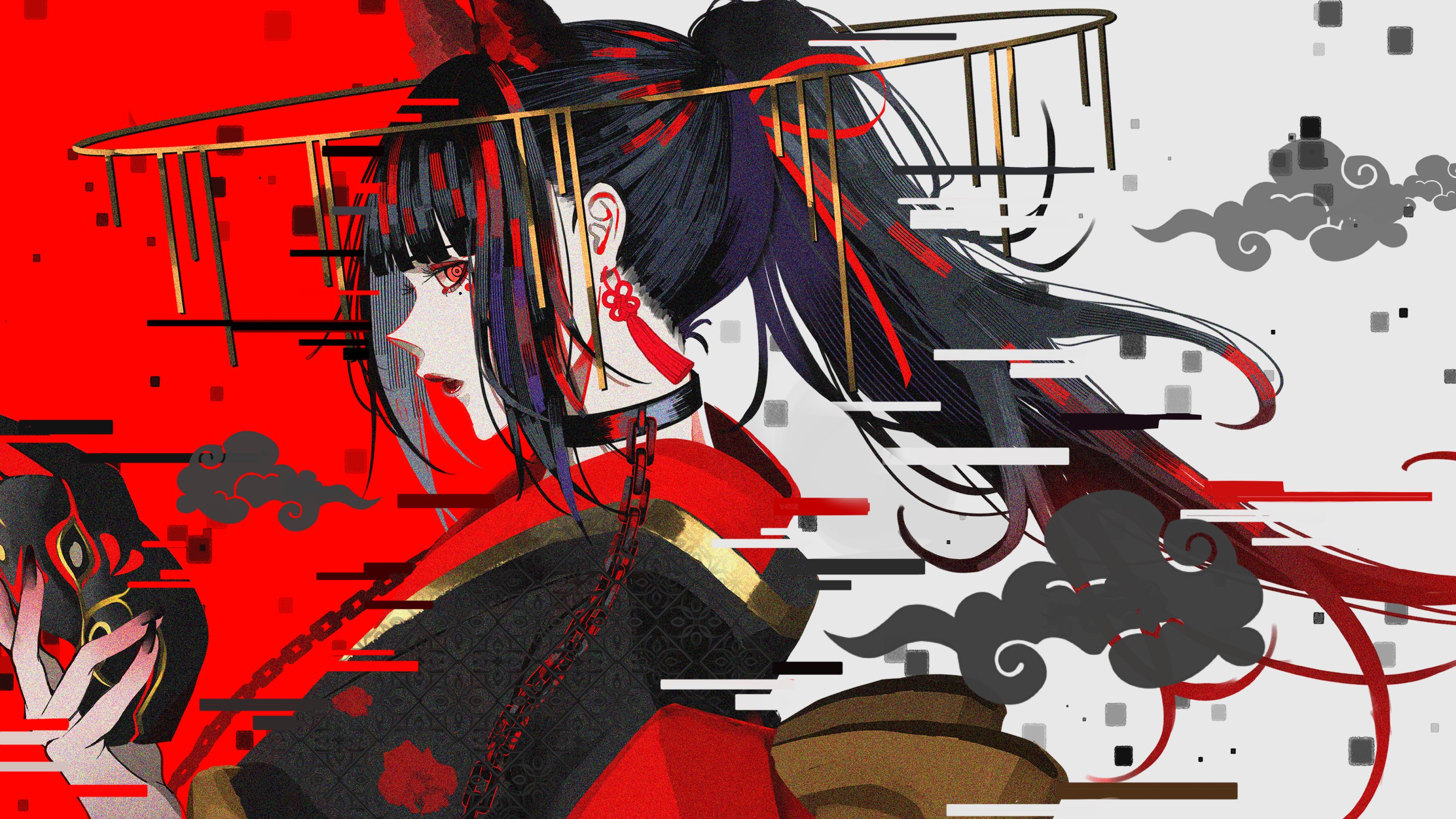 Anime girl with black hair in a red kimono HD Wallpaper