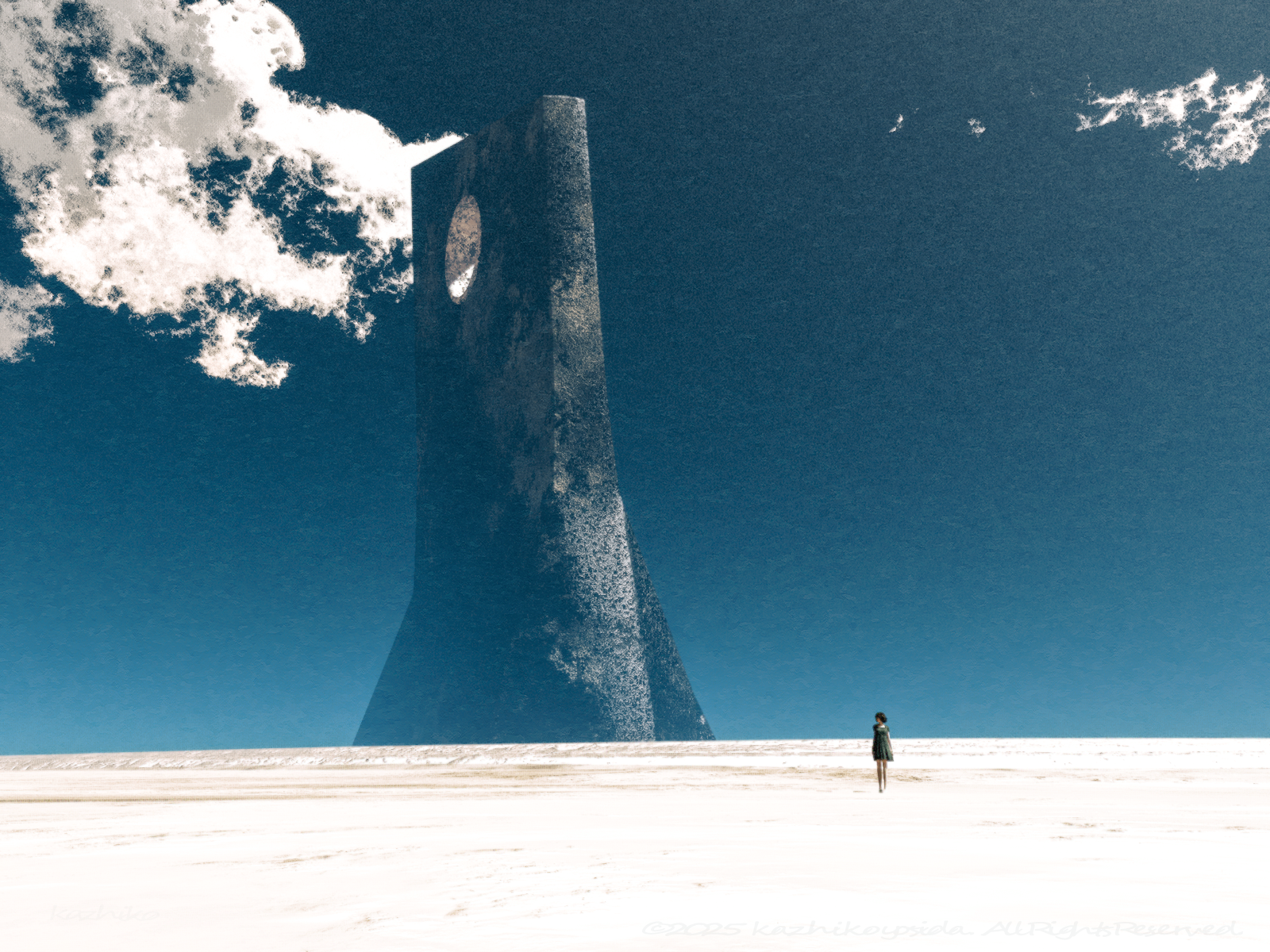 Scenery: A lone woman stands before a colossal tower HD Wallpaper