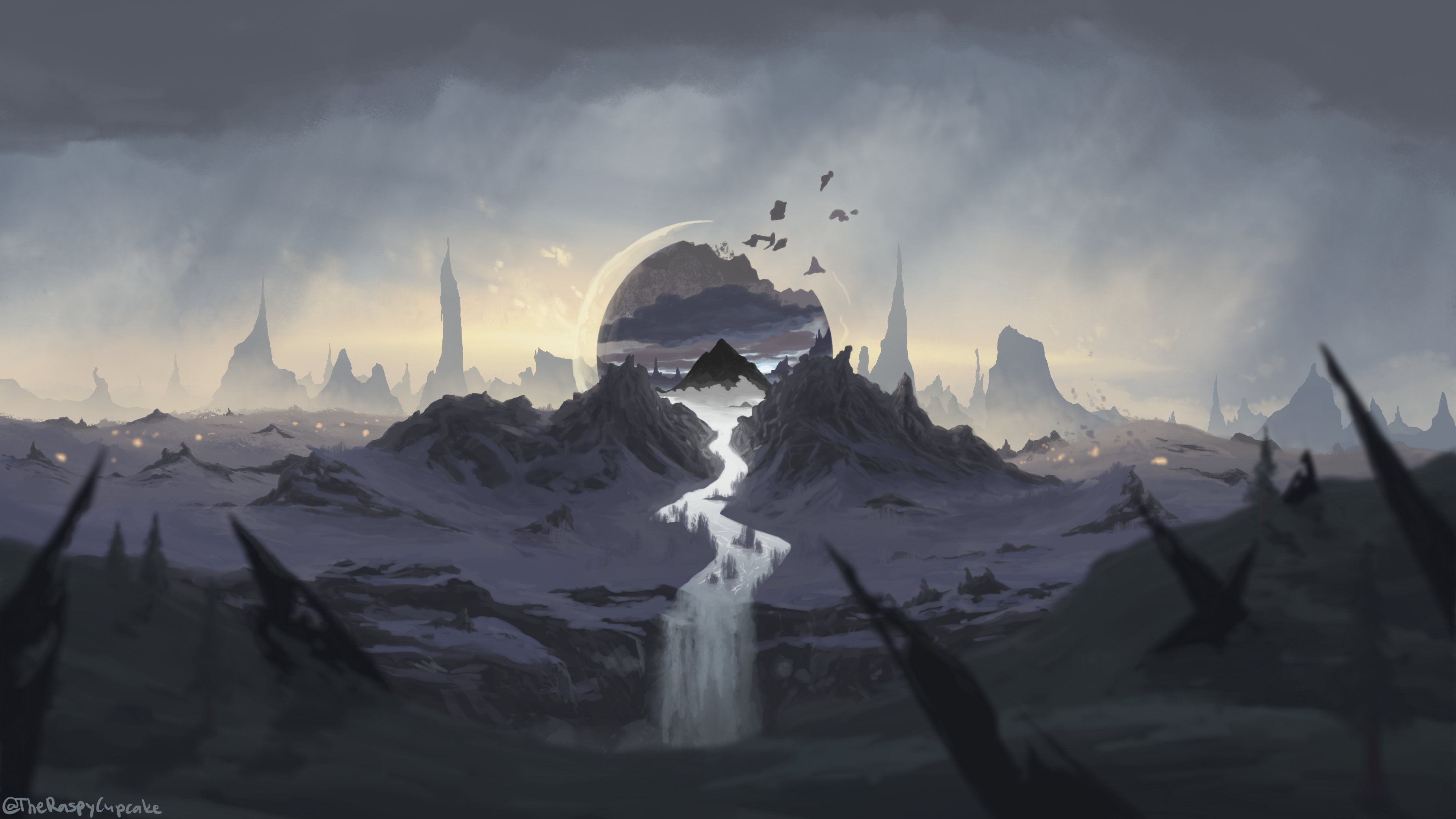 Surreal alien landscape with mountains and a waterfall HD Wallpaper