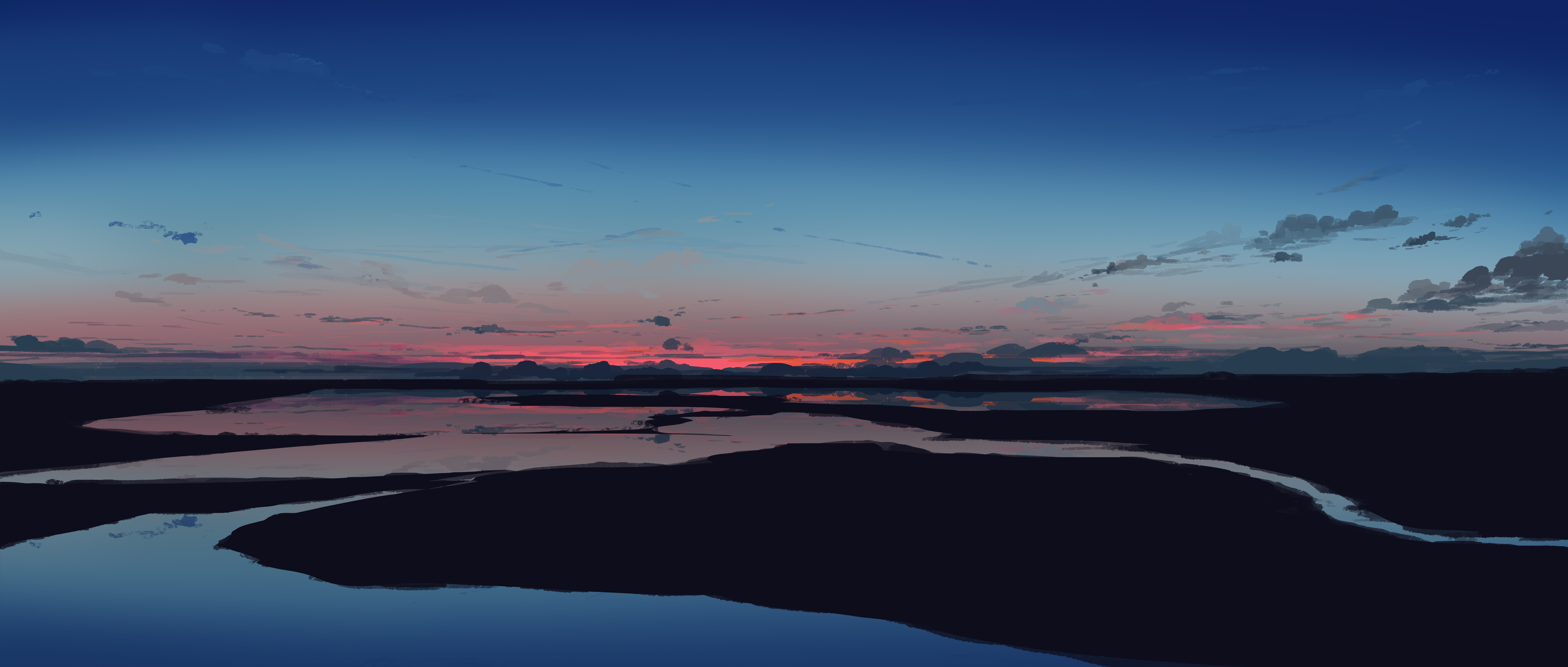 Sunset over a calm body of water with reflections HD Wallpaper