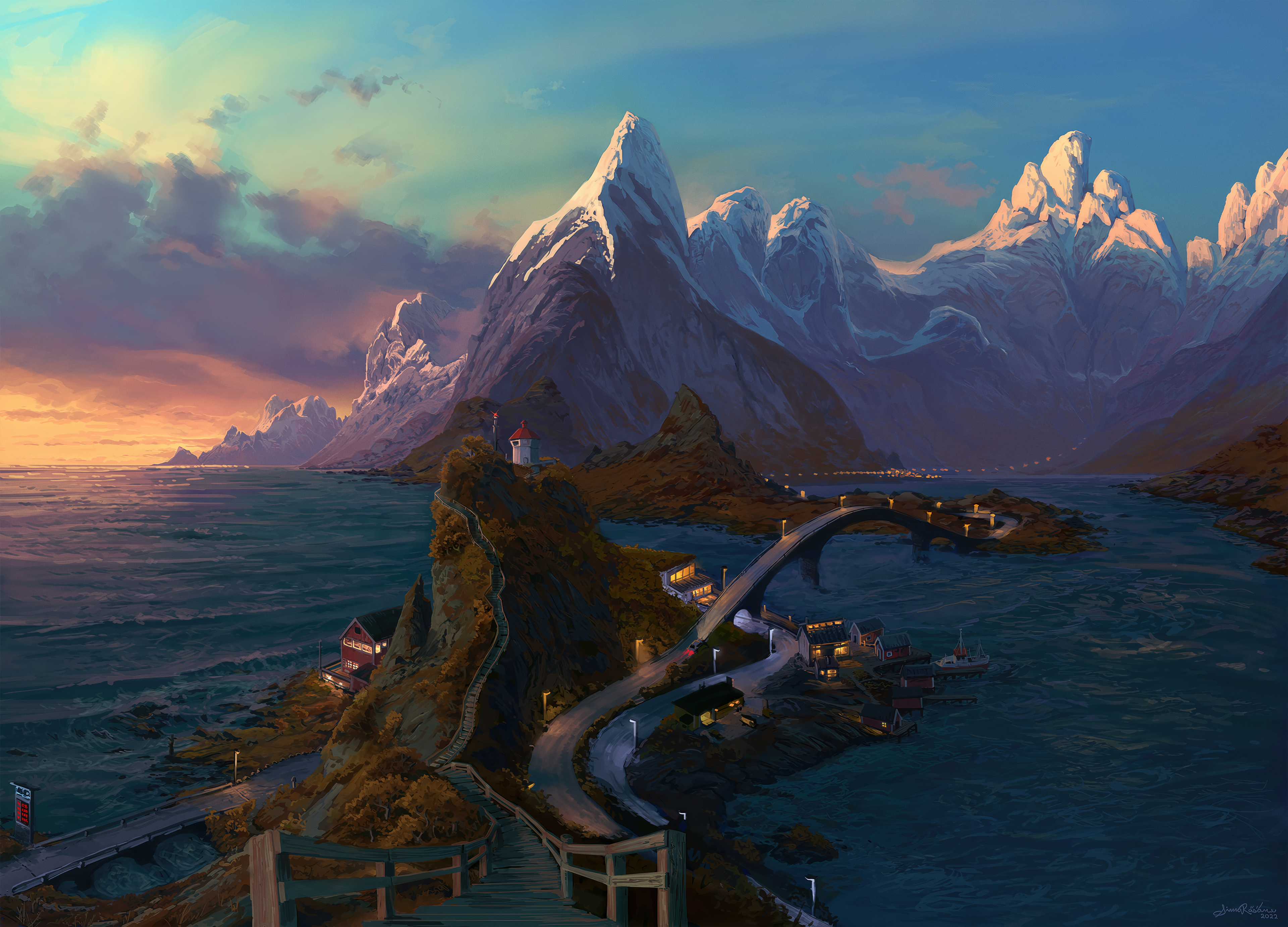 Digital painting of a coastal village with mountains HD Wallpaper