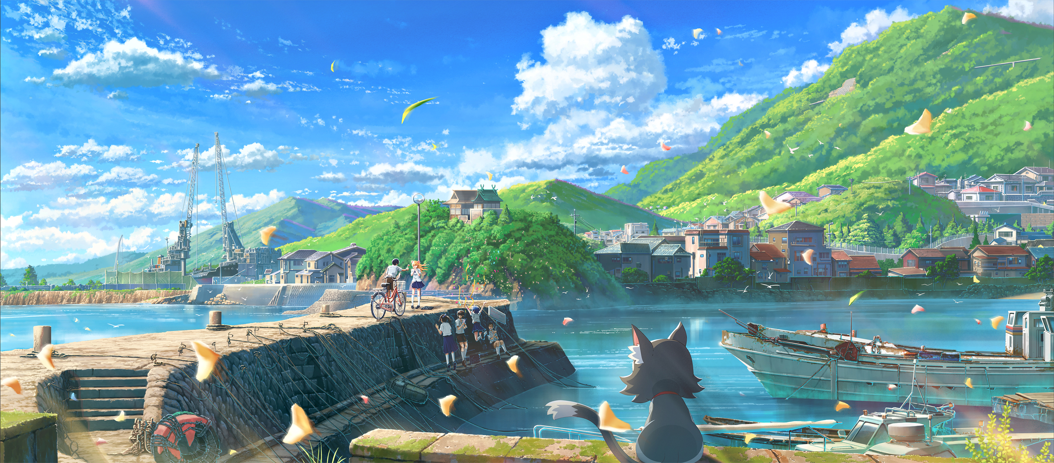 Cat on a dock overlooking a harbor with boats and a town HD Wallpaper