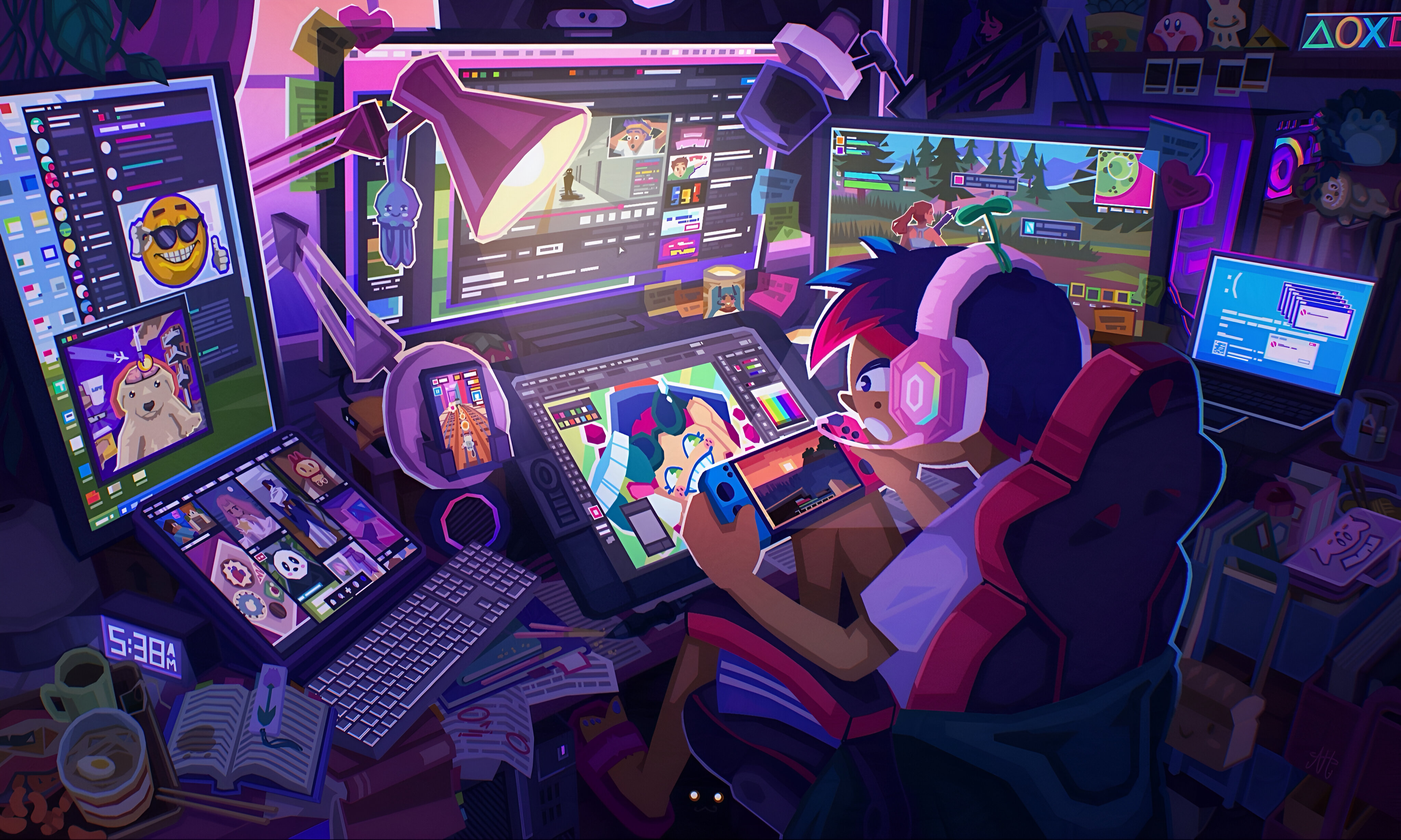 Handheld console gamer in a colorful gaming room HD Wallpaper