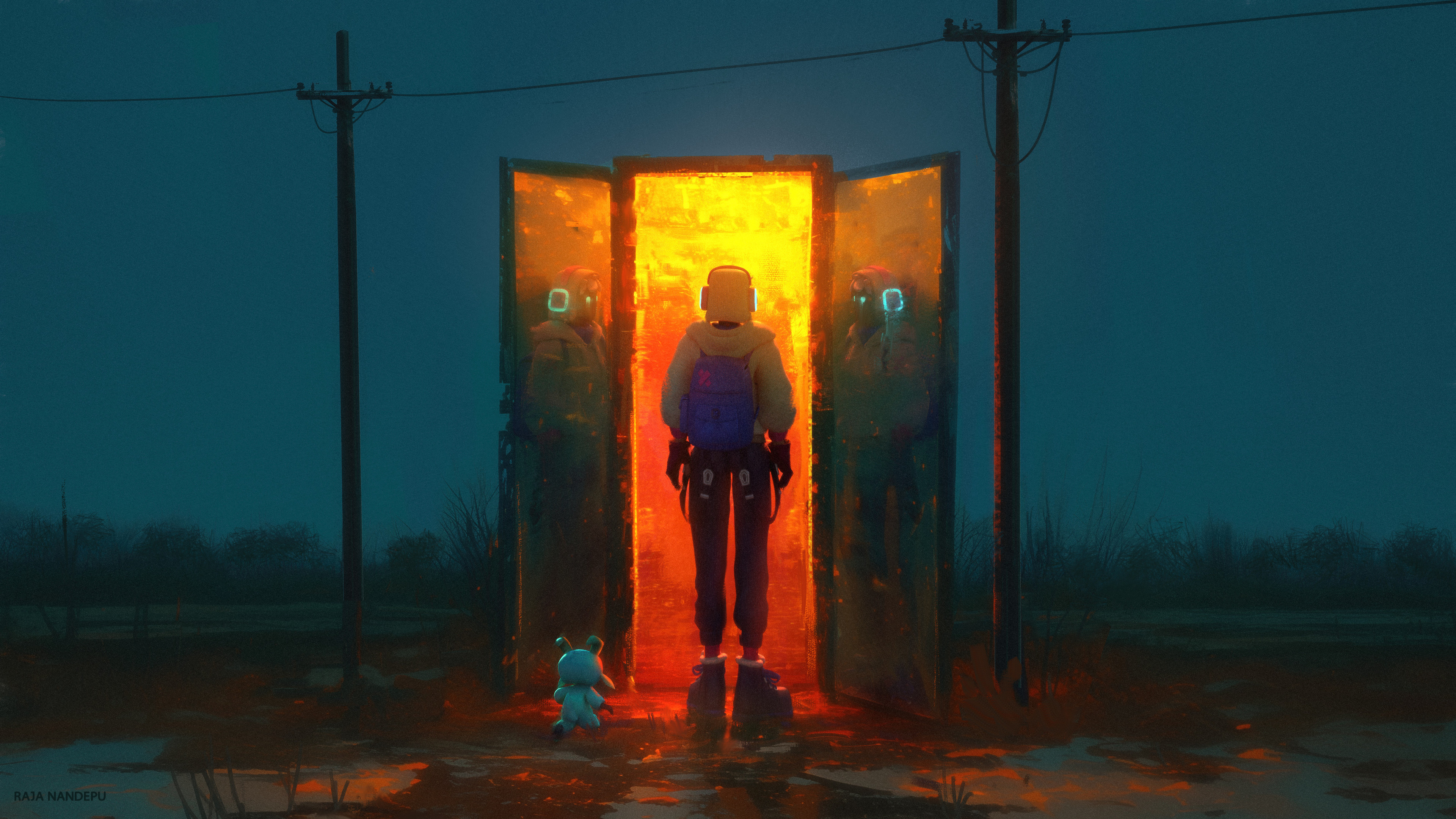 Creature and person stand before a glowing doorway HD Wallpaper