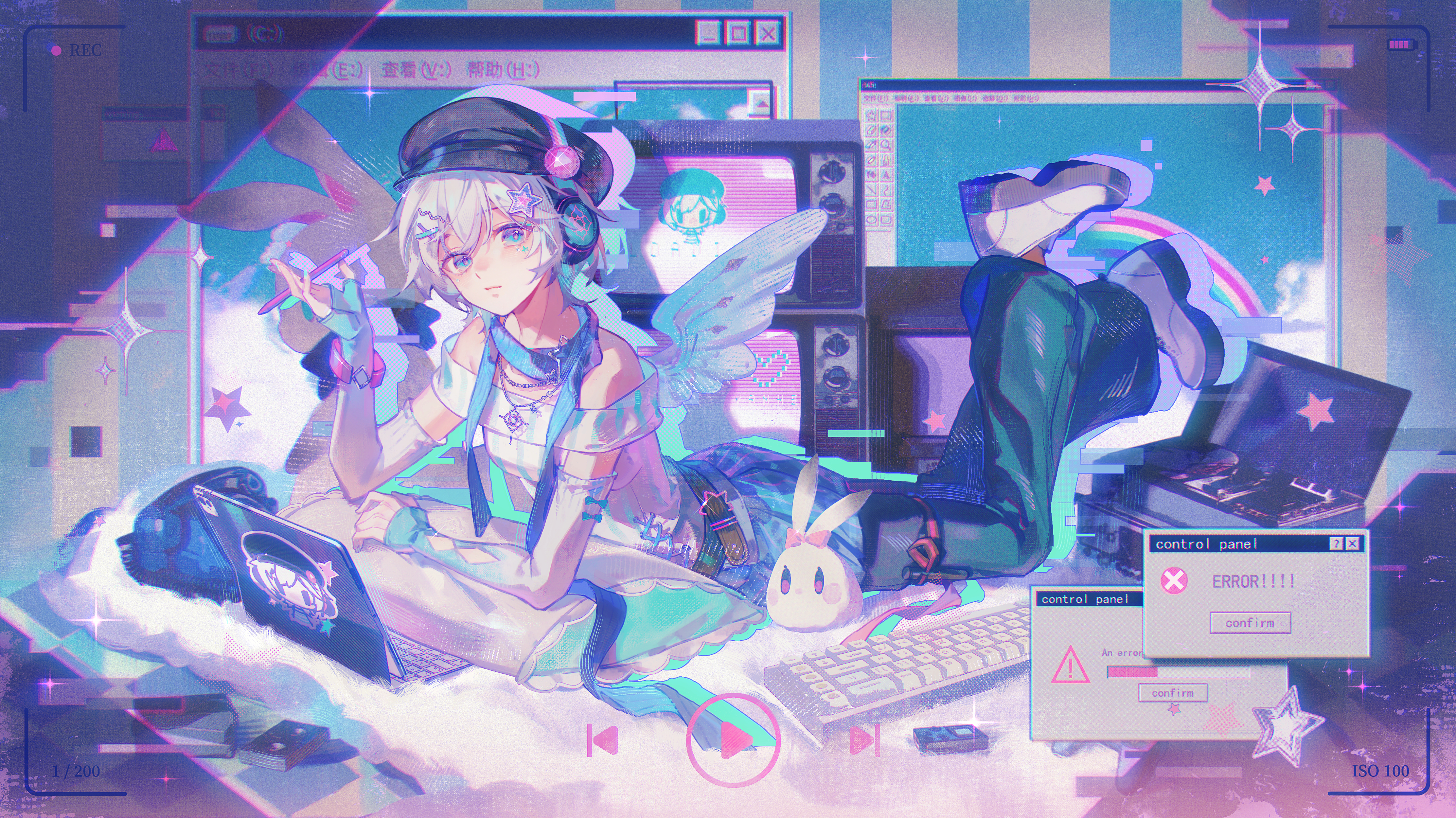 Anime girl with wings and retro computers in a digital world HD Wallpaper