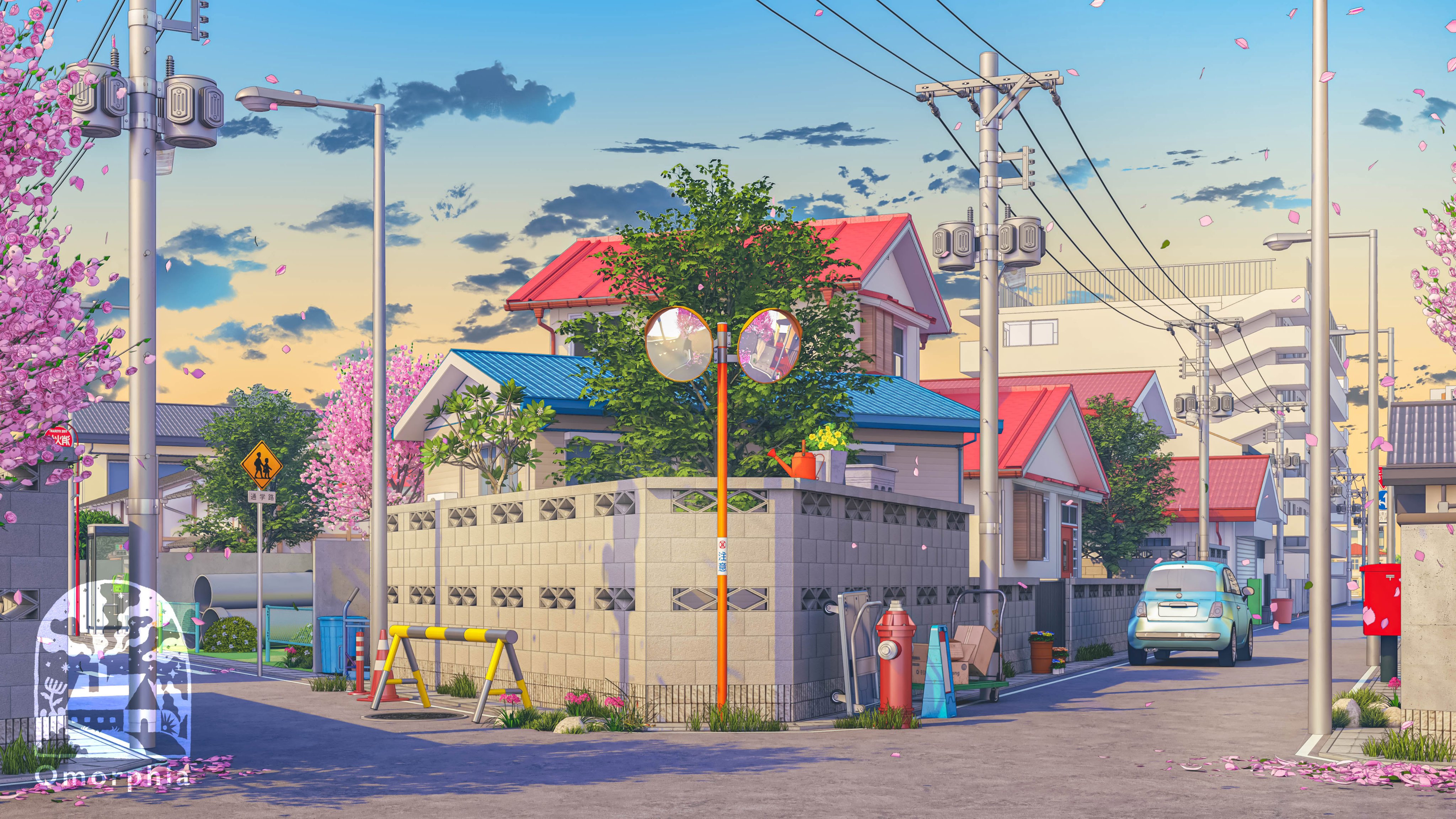 Japanese street with houses and cherry blossoms at sunset HD Wallpaper