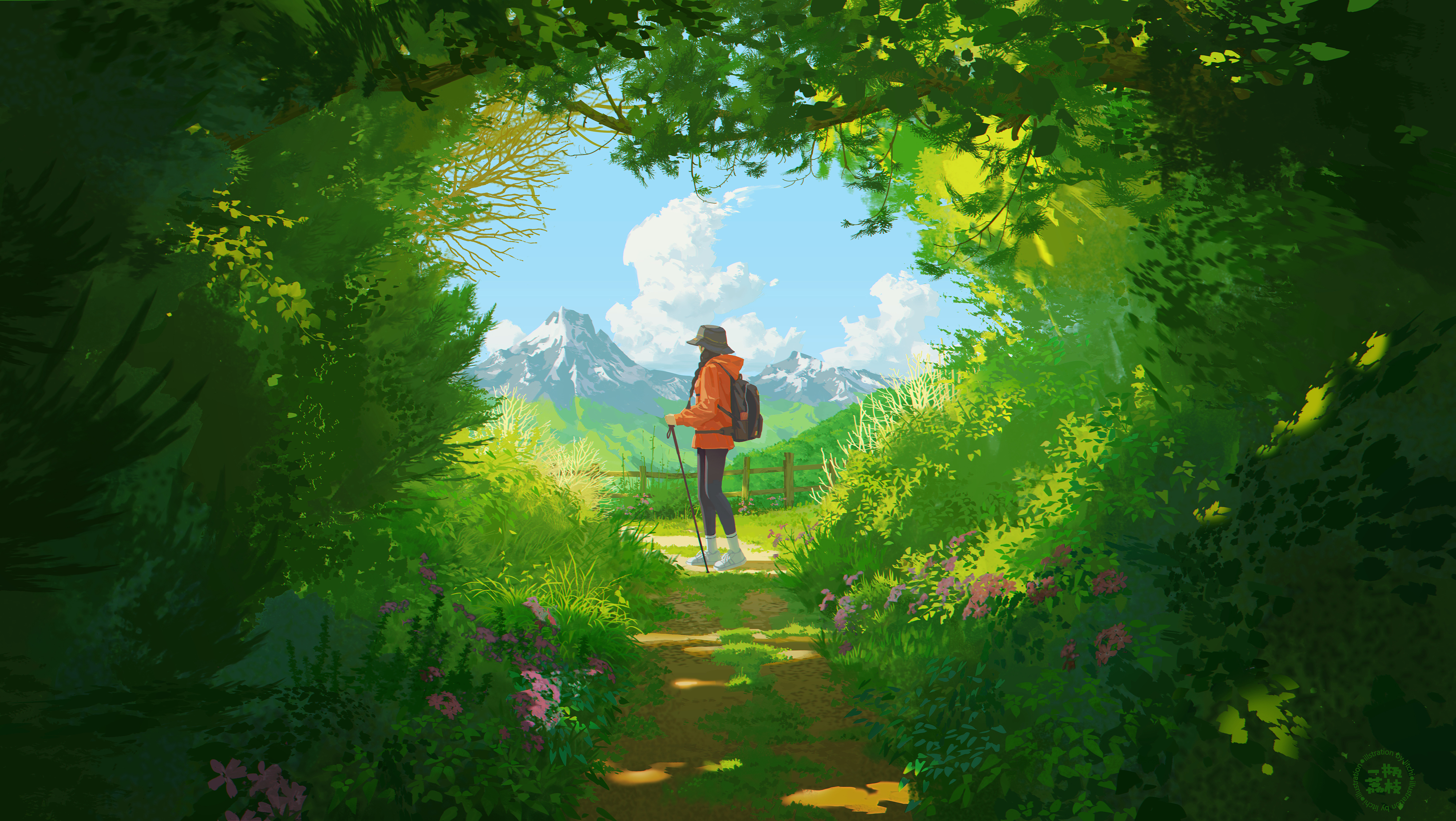 Woman hiking on a path towards mountains HD Wallpaper