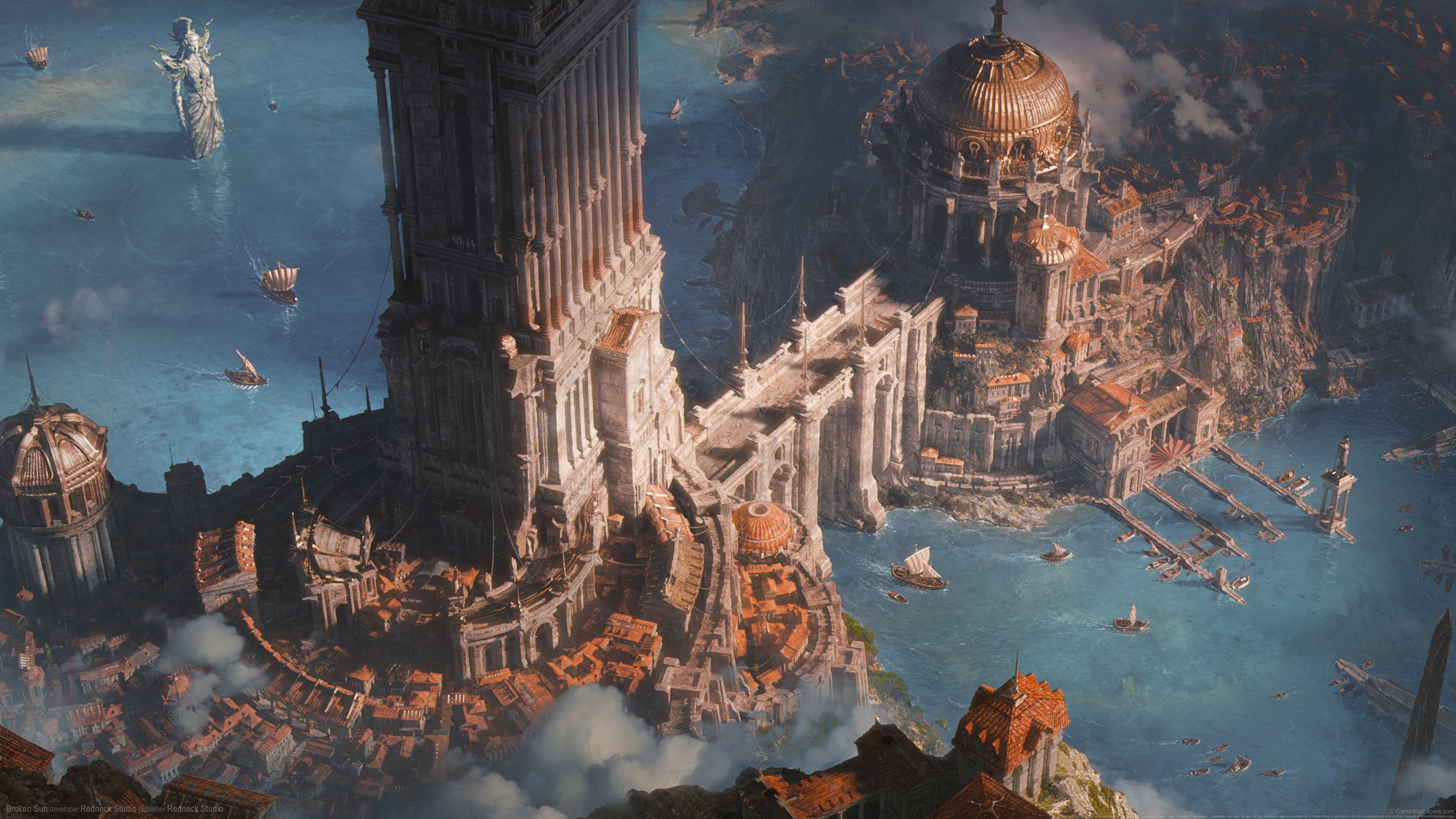 Broken Sun Citadel city with boats on the water HD Wallpaper