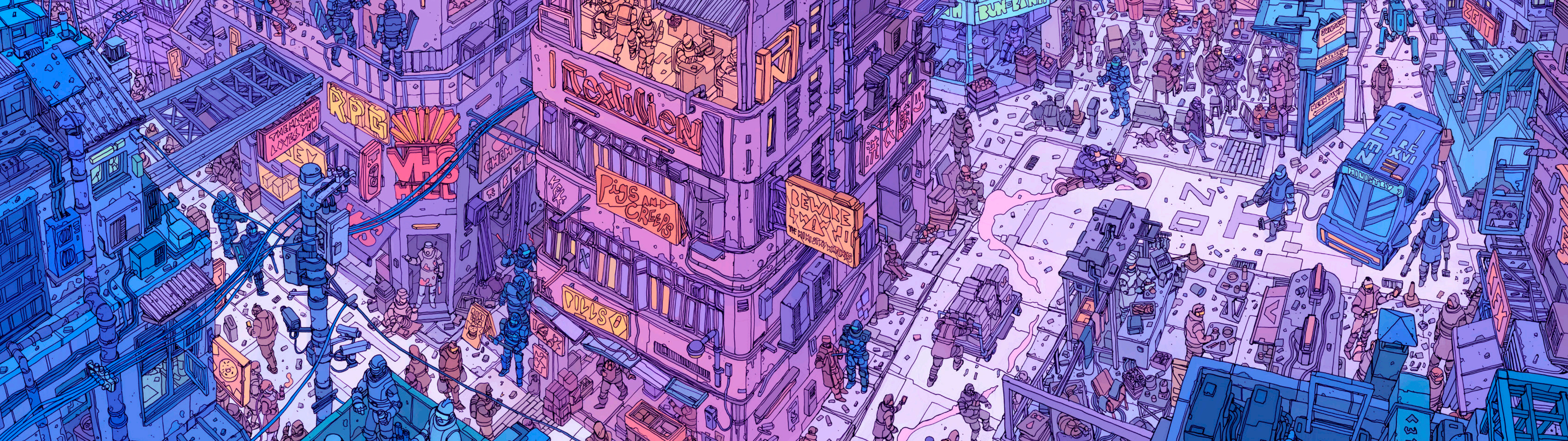 Josan Gonzalez futuristic cityscape with robots and people HD Wallpaper