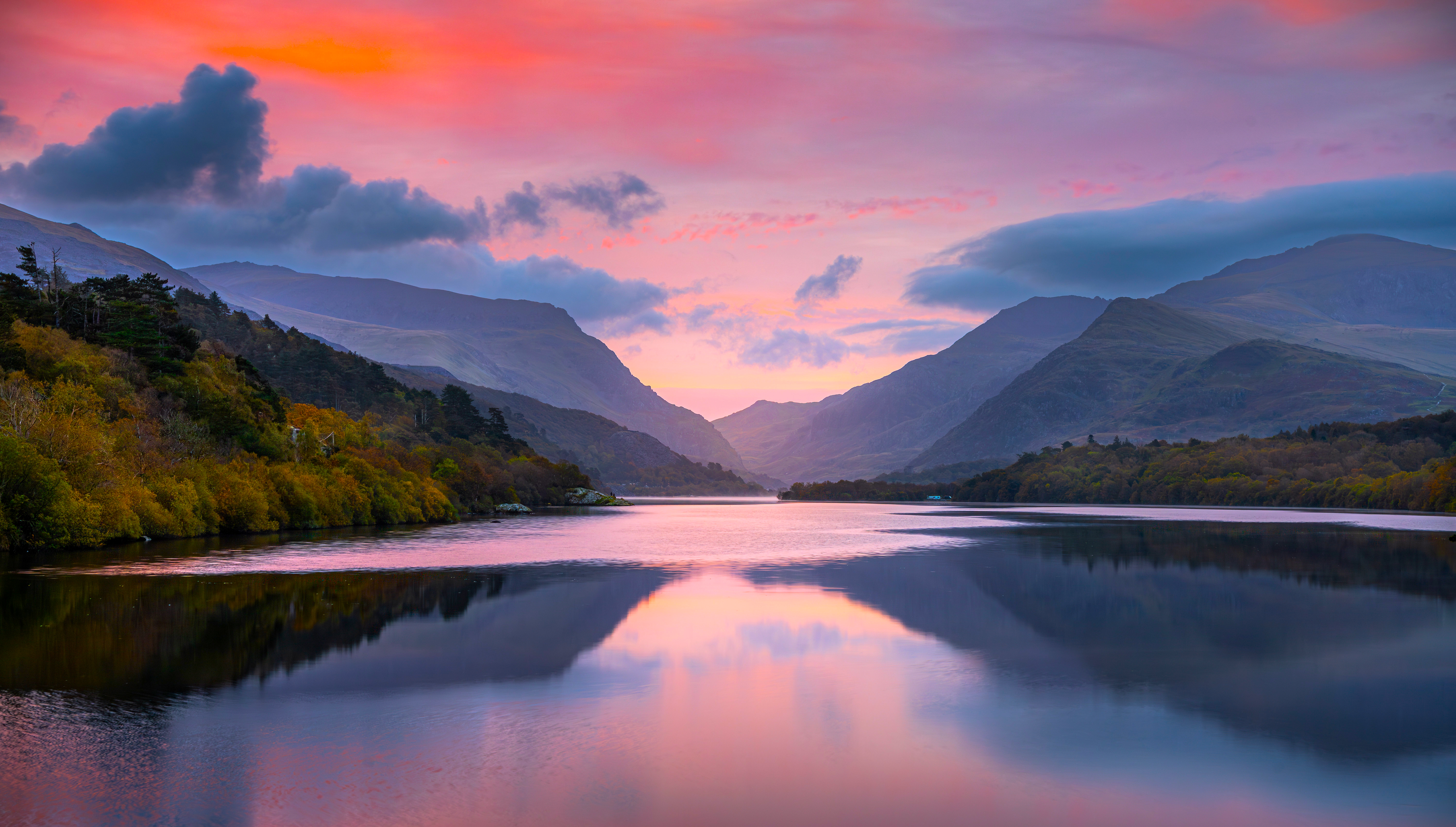 Mountain lake at sunset with colorful sky HD Wallpaper