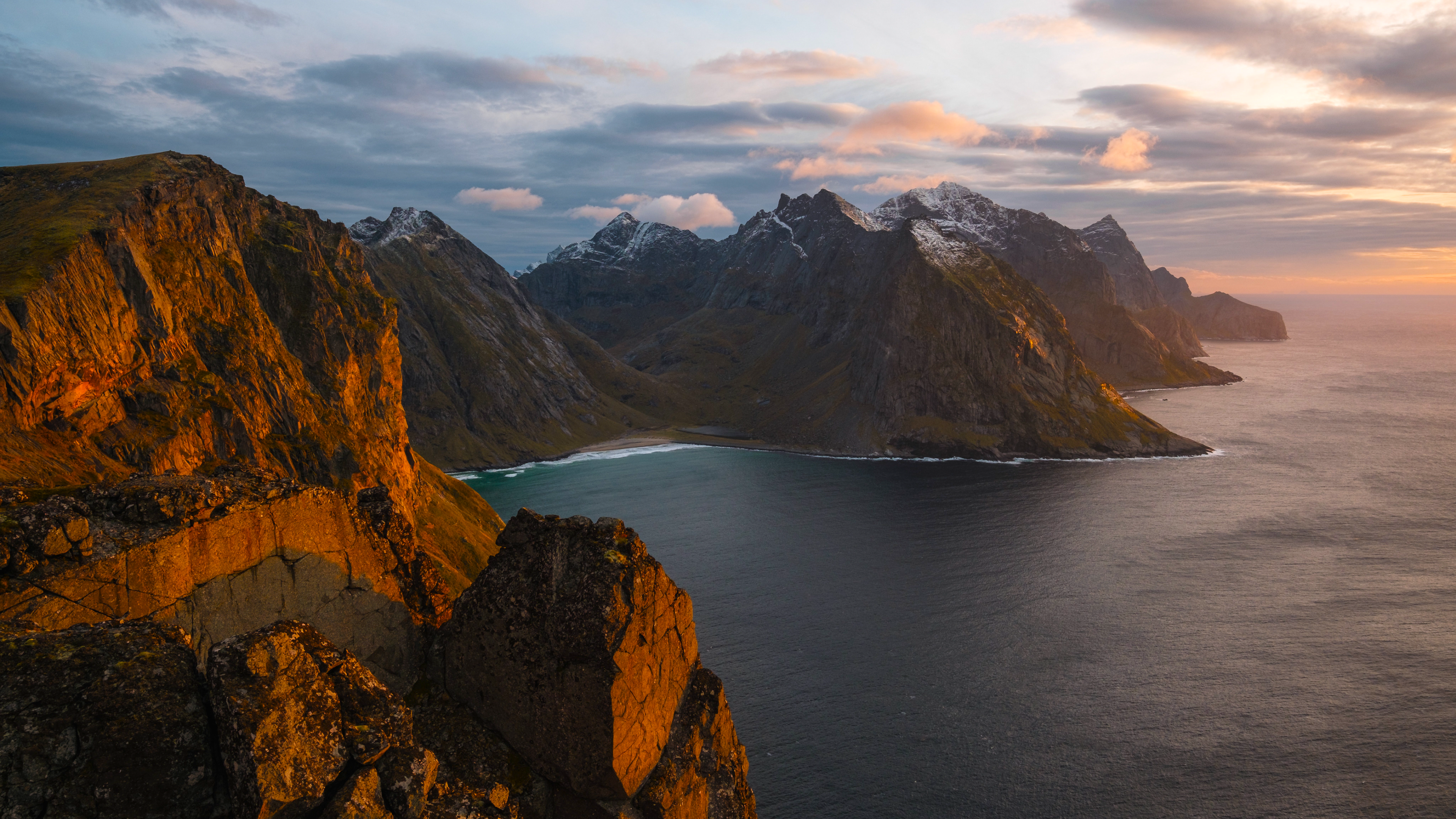 Coastal mountains and ocean at sunset HD Wallpaper