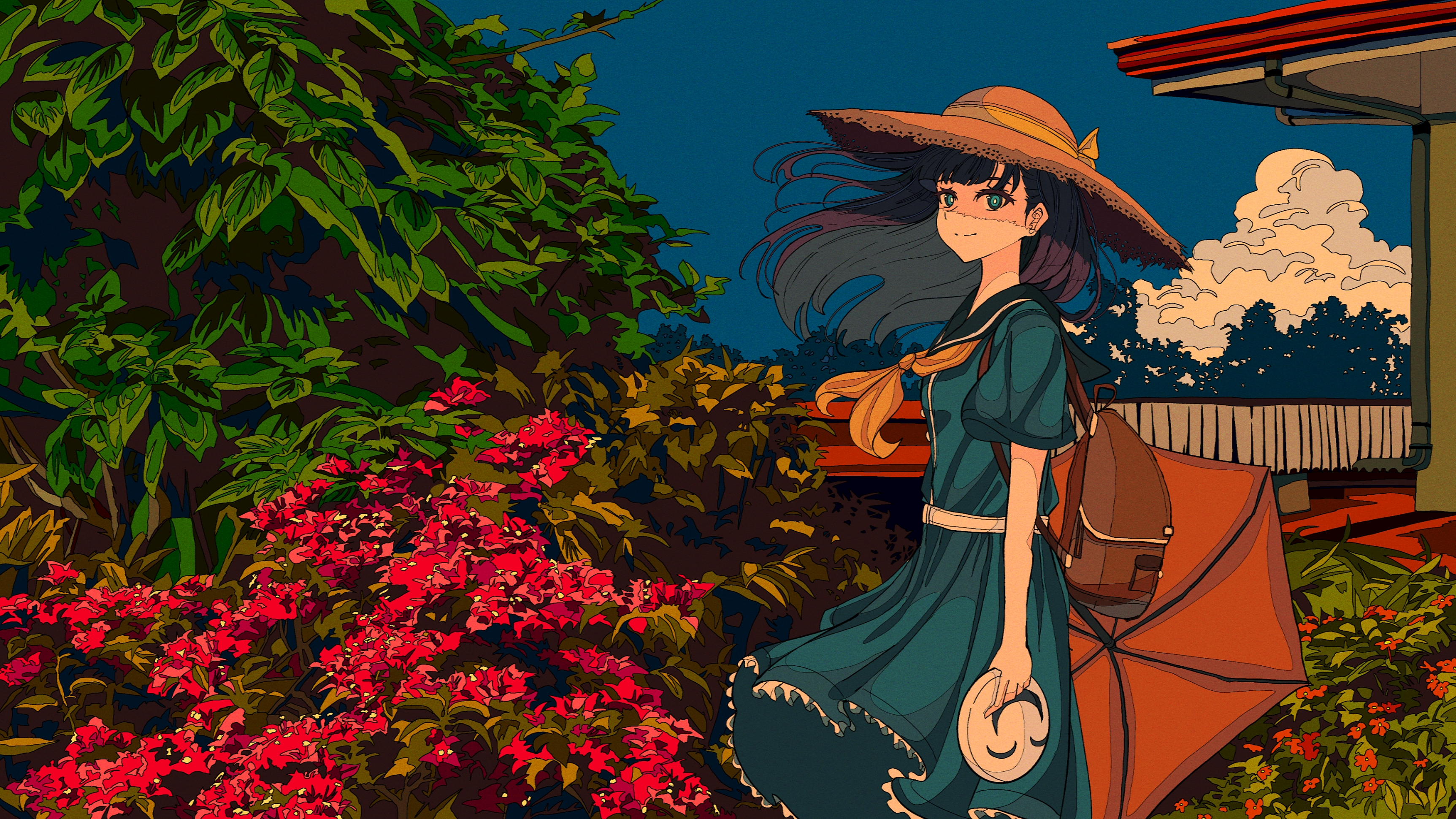 Anime girl with straw hat and pink flowers HD Wallpaper