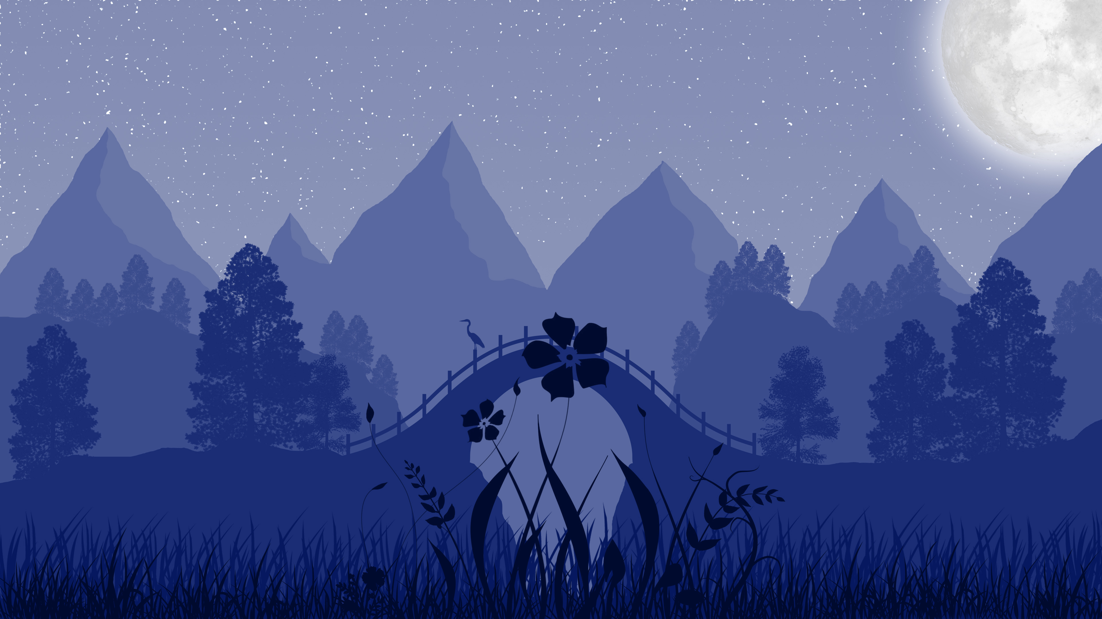 Scenery: A moonlit night with mountains and a bridge HD Wallpaper