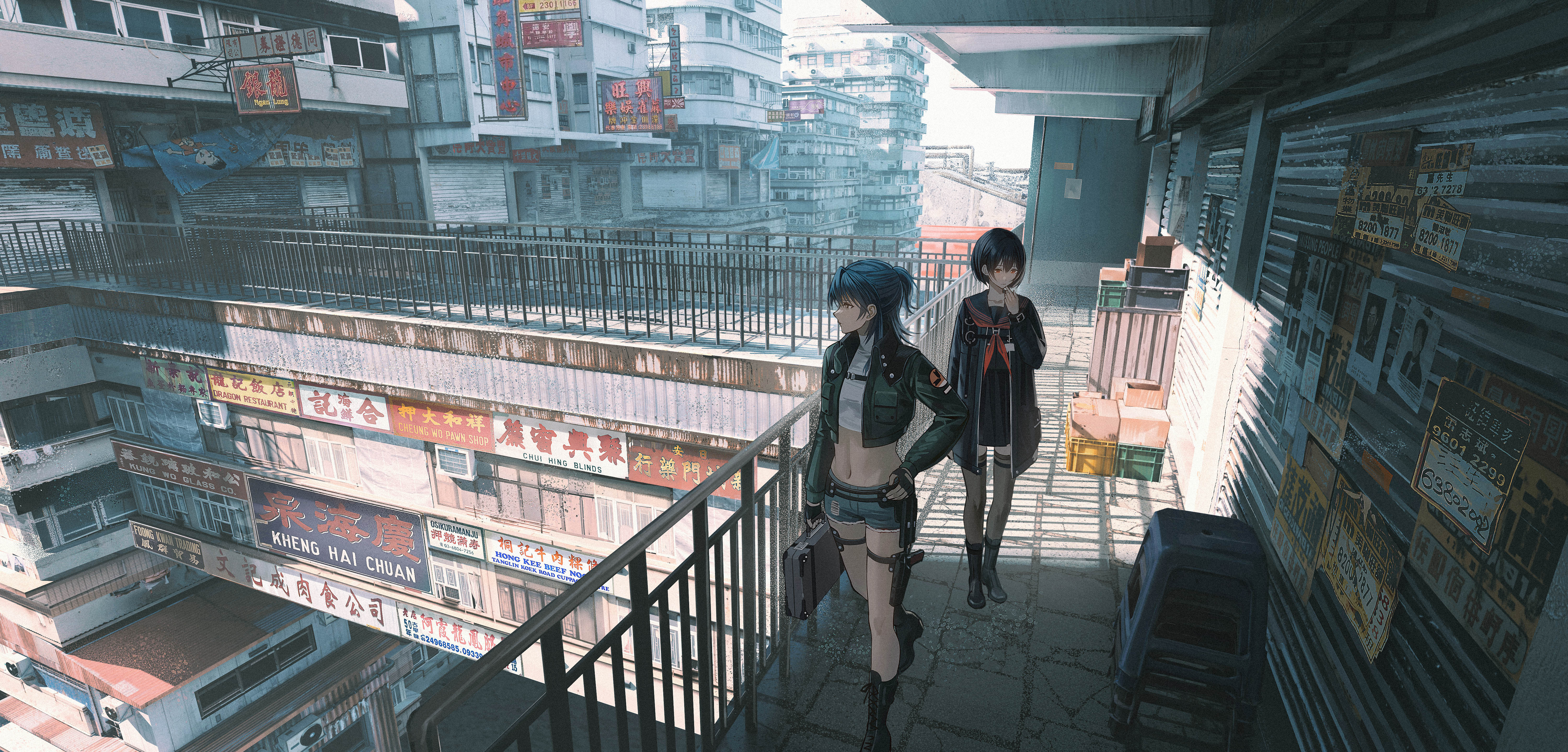 Anime girls in a dense urban environment HD Wallpaper