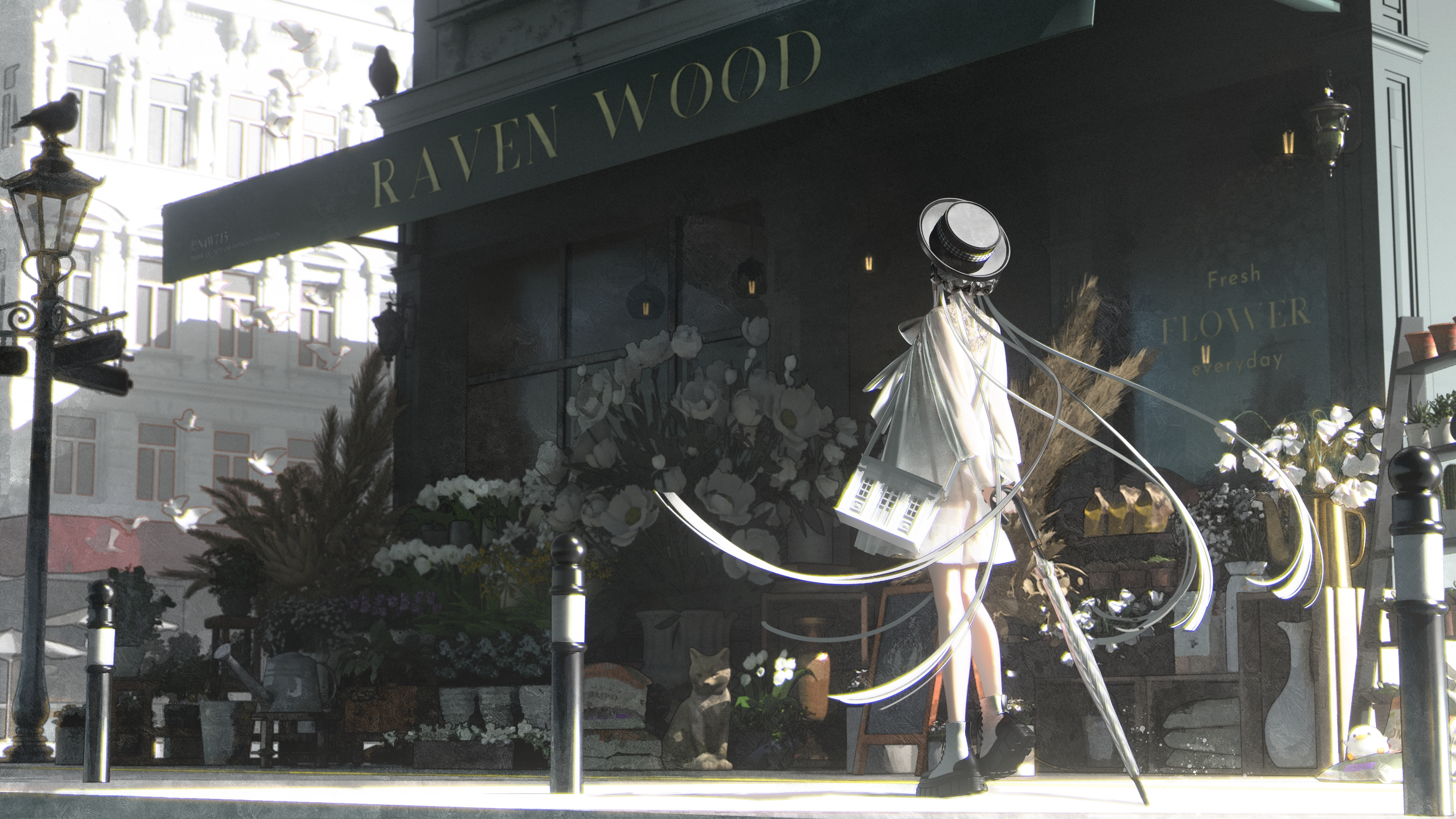 Anime girl with hat and umbrella outside Raven Wood HD Wallpaper
