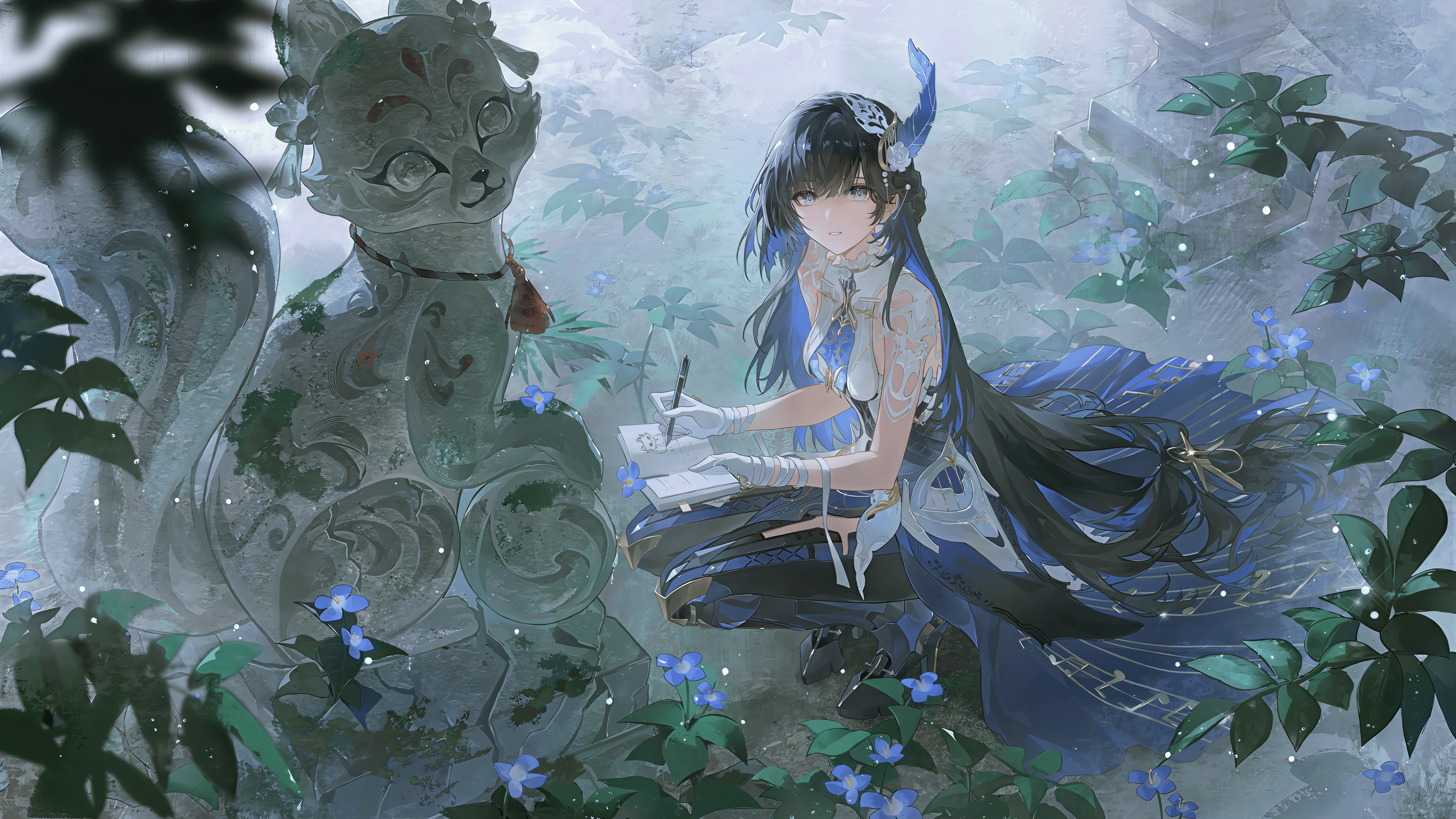 Selena (Punishing: Gray Raven) sketching by a stone fox statue HD Wallpaper
