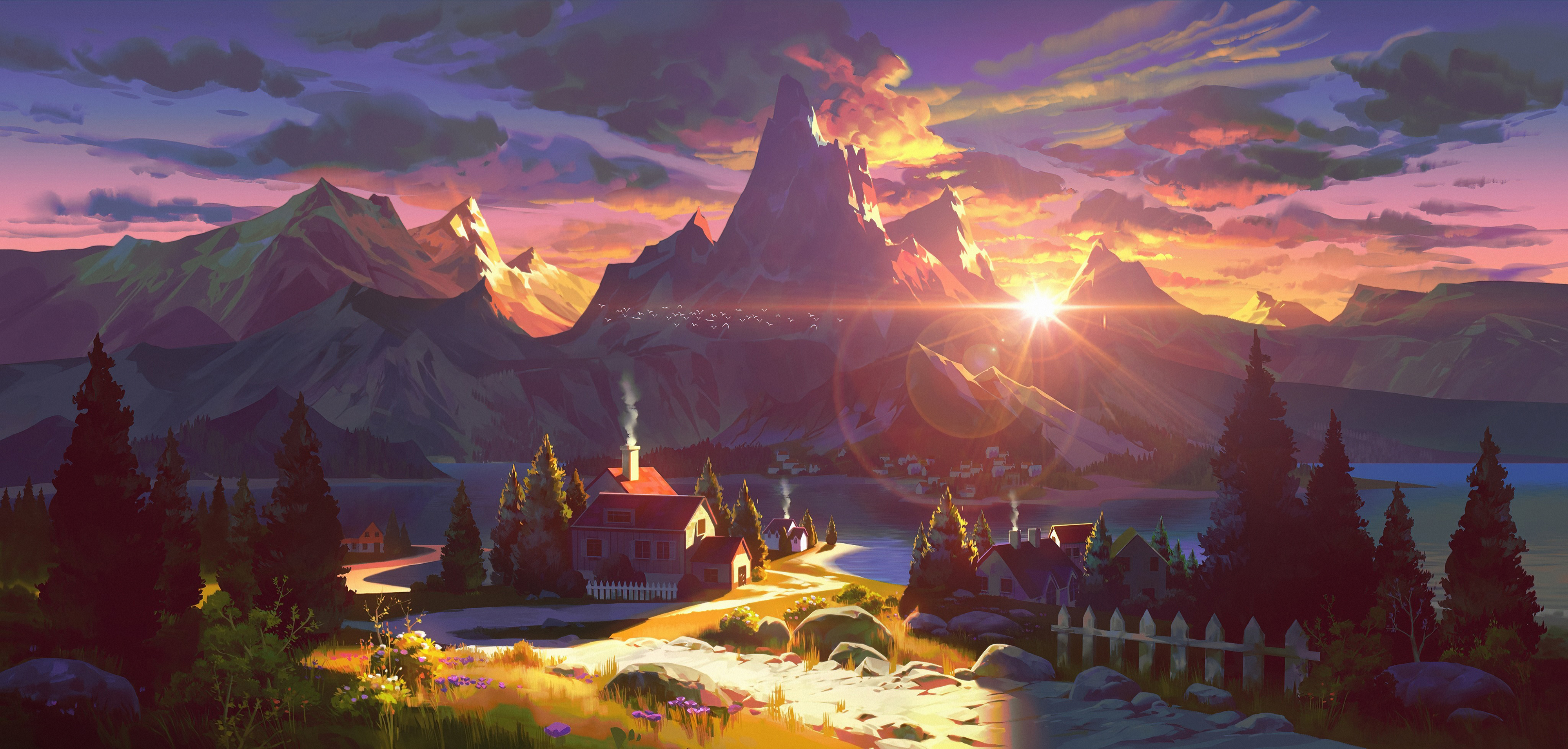 Digital painting of a mountain village at sunset HD Wallpaper