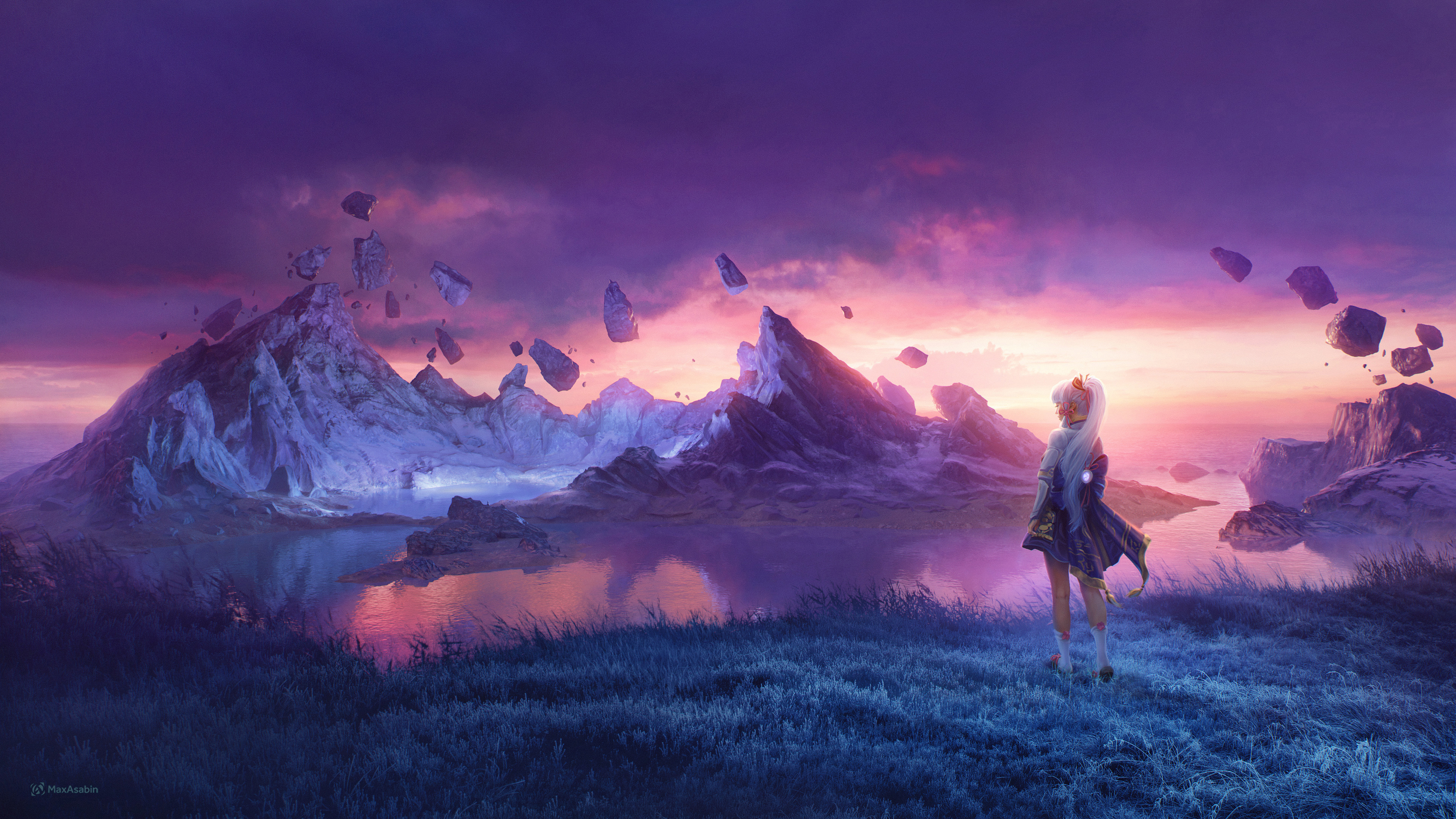 Kamisato Ayaka in a fantasy landscape HD Wallpaper