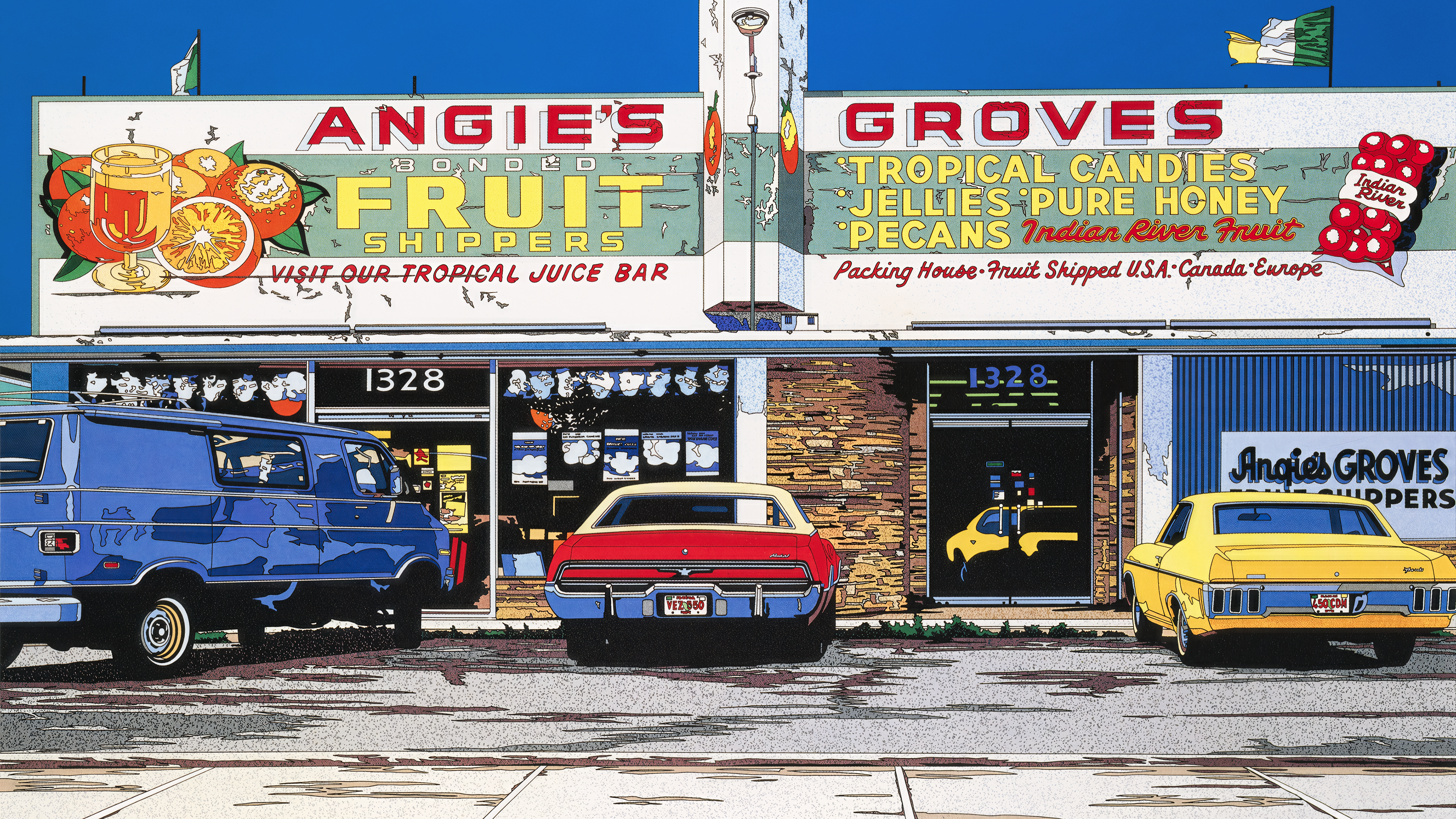 Angies Fruit Shippers and Groves building with cars HD Wallpaper